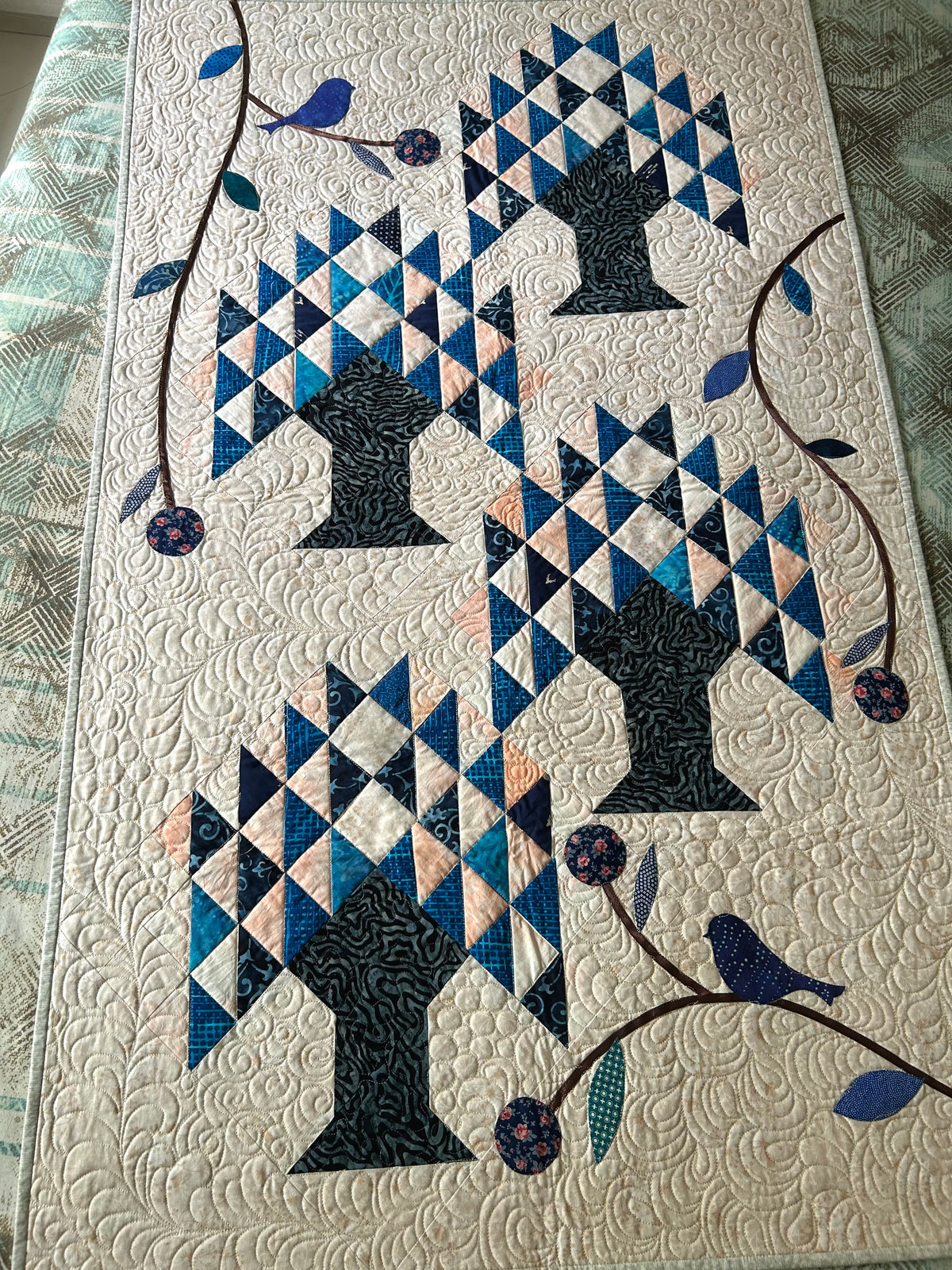 Tree of Life Quilted Wall Hanging – Blue & White Bird and Tree Art Quilt