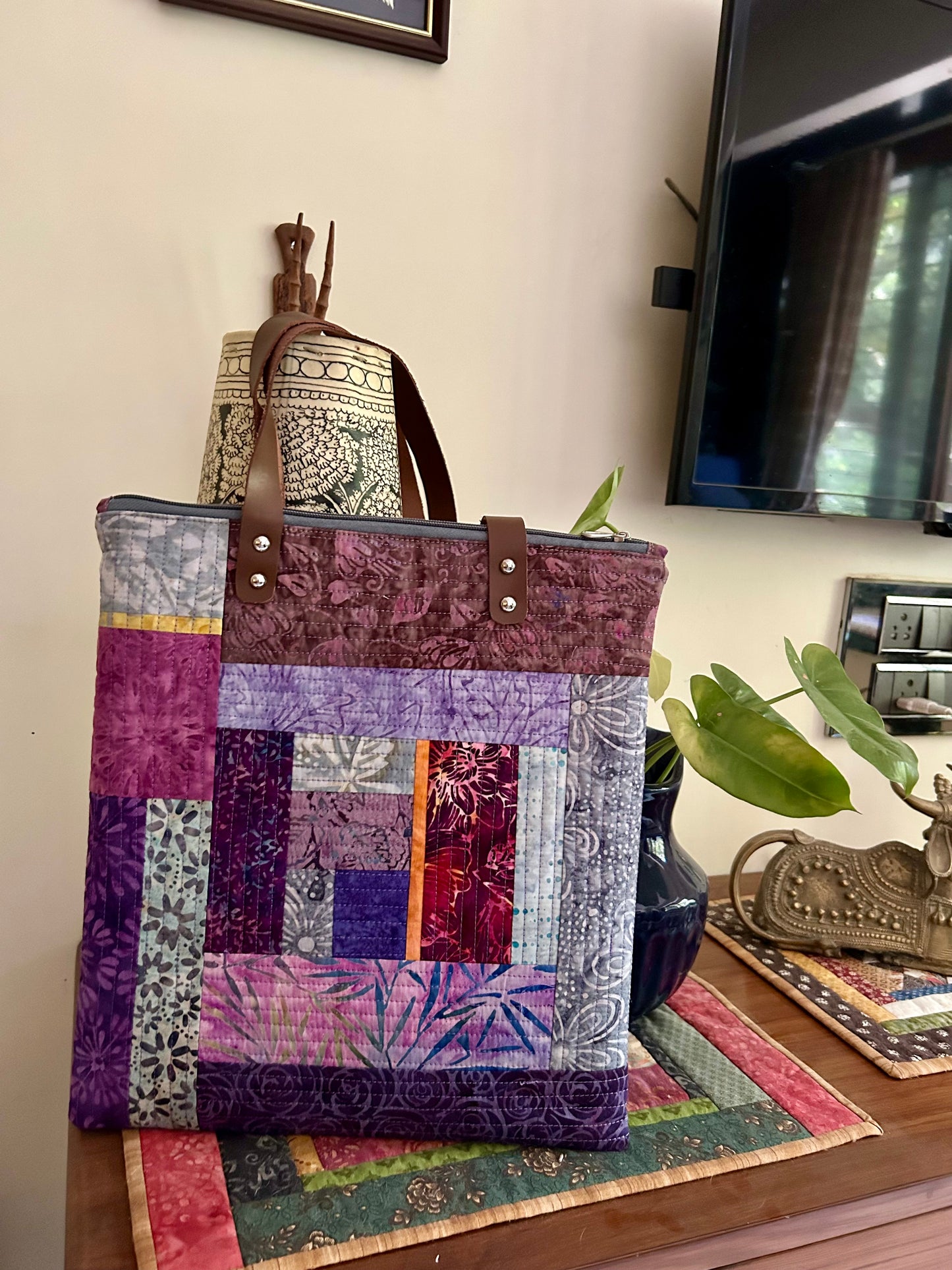 Side view of handmade patchwork bag