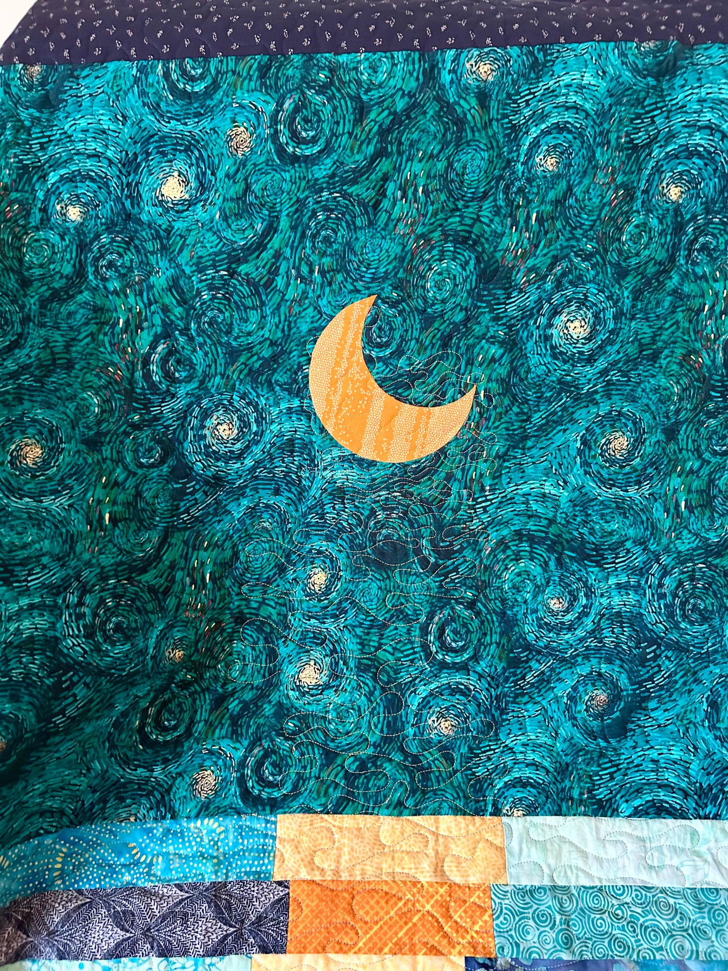 Handmade Starry Night throw quilt with swirling night sky design