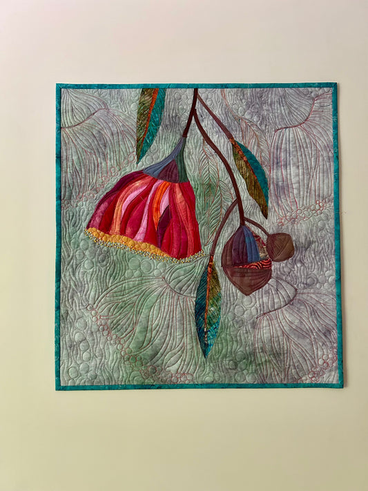 Handmade eucalyptus flower art quilt wall hanging – full view