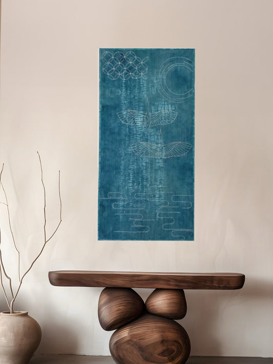 Cranes flying in moonlight art an on wall in japandi style interiors