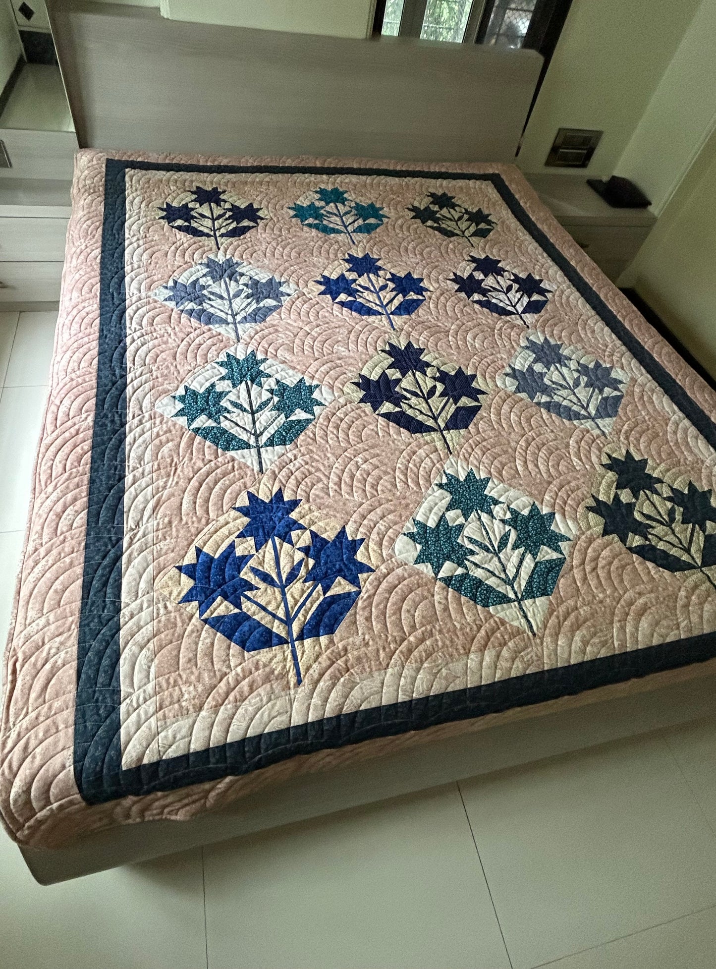 Handmade Blue and Cream Queen Size Patchwork Quilt