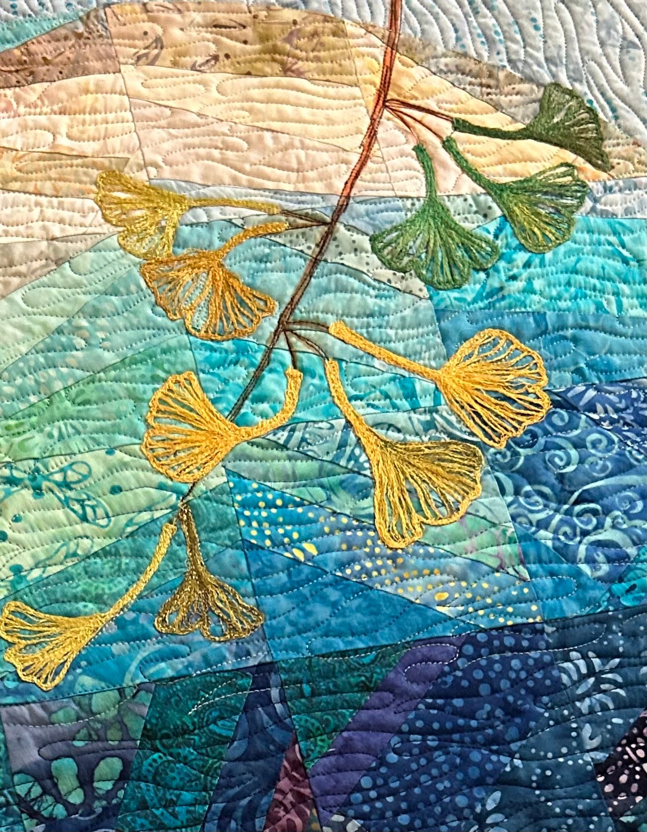 Close up of embellishment on quilt