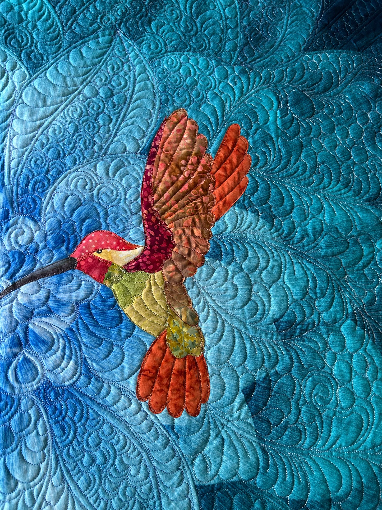 Dahlia flower wall art quilt - Hummingbird Art - Blue floral tapestry