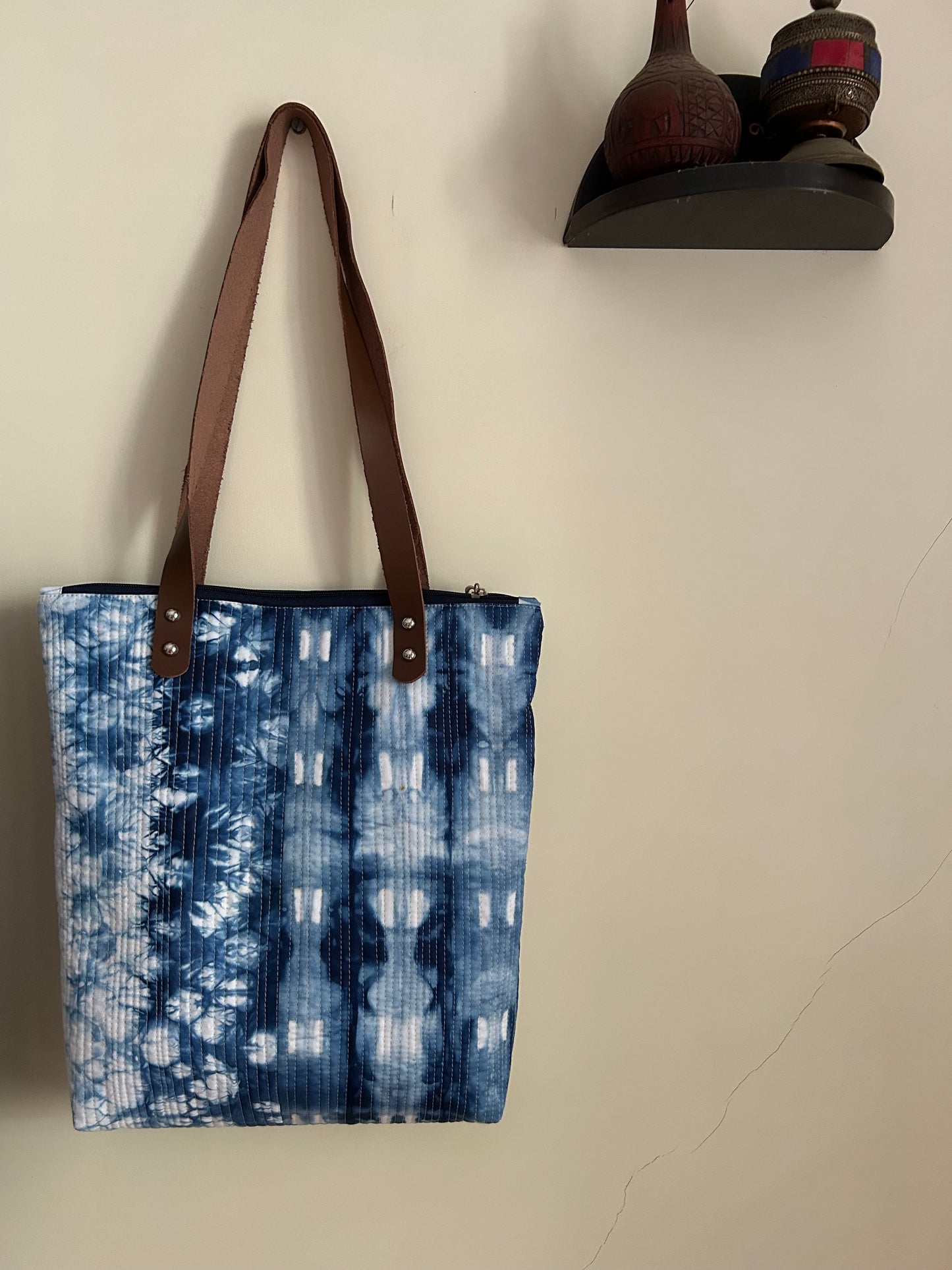 Hand-Dyed Indigo Quilted Tote Bag – Patchwork Purse with Leather Straps & Zipper | Handmade Textile Bag | One-of-a-Kind Gift