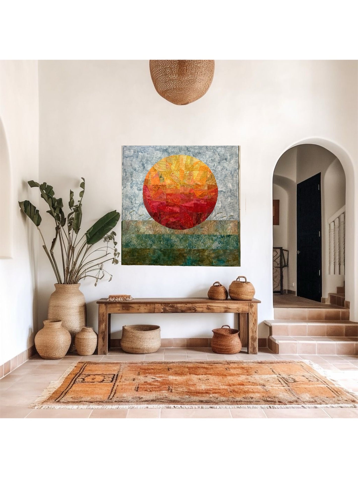 Interior decor photo featuring quilt hung on the wall.