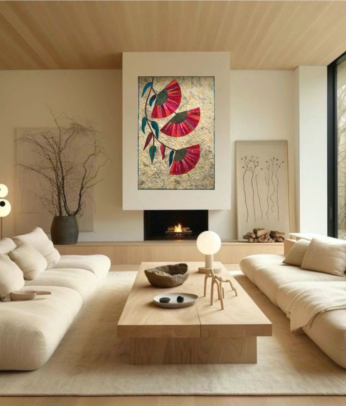 Australian gumnut flower quilt hanging as wall art, ideal for Japandi or botanical-themed interiors.