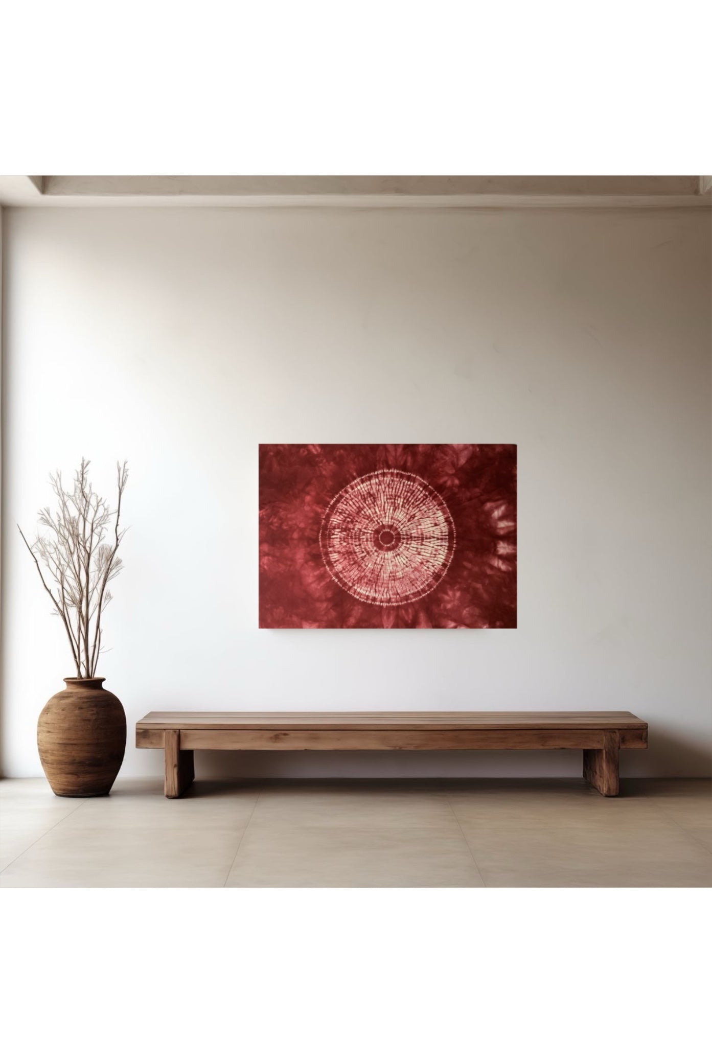 Red maroon contemporary art- Nui Shibori tapestry - Wabi Sani art - Japanese Tie Dye fabric - Japandi wall art - meditation room decor