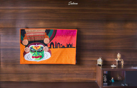 Quilt hanging in a living space with Indian décor.