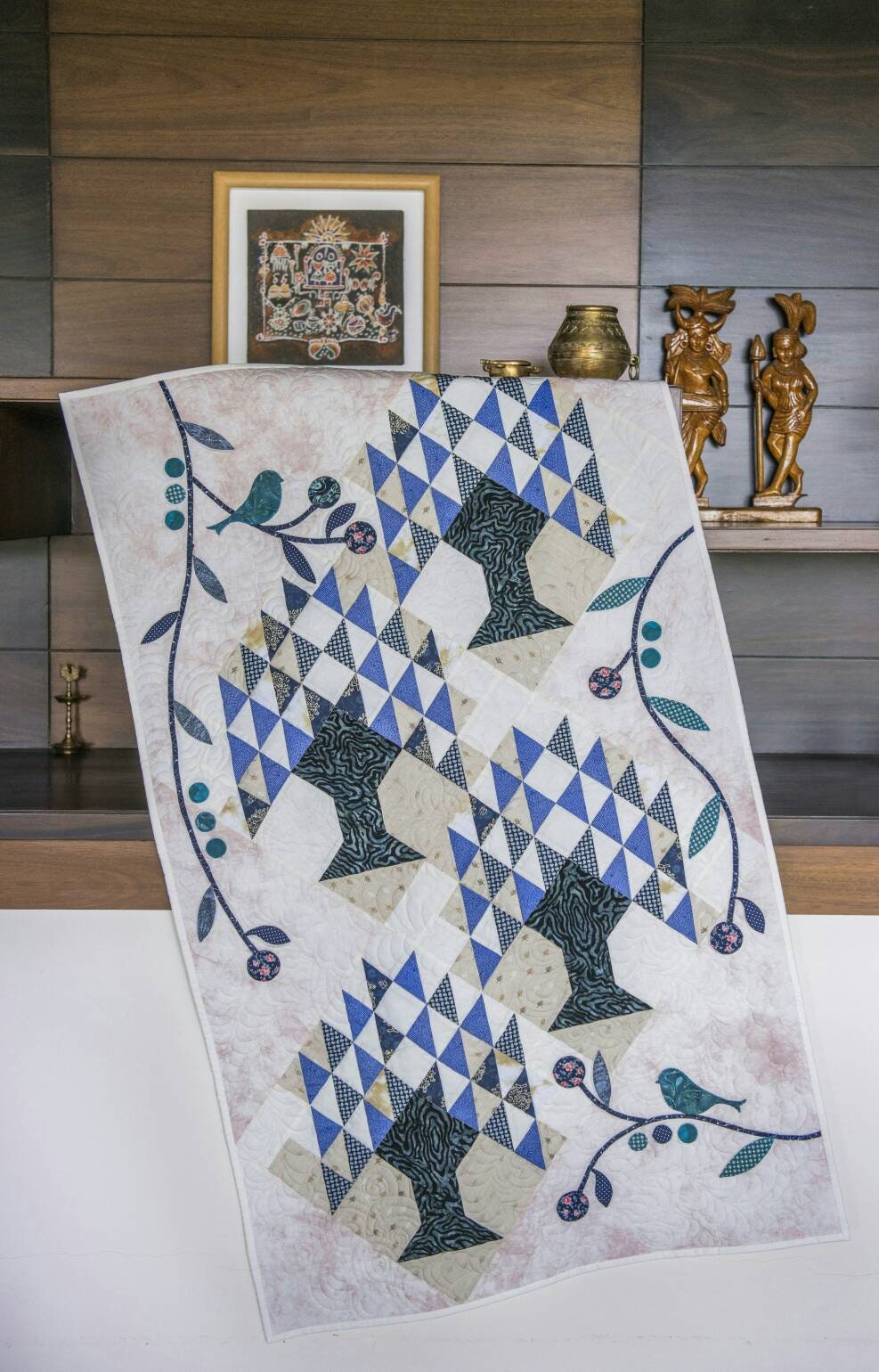 Tree of Life Quilted Wall Hanging – Blue & White Bird and Tree Art Quilt