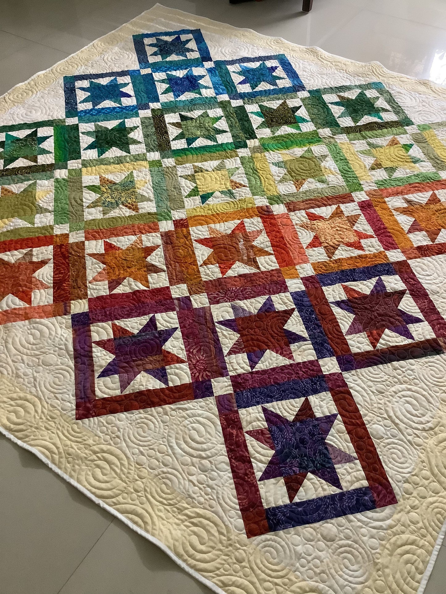 Vibrant Rainbow Queen Size Quilt - Handmade Batik Fabric Transition Quilt - Ideal Gift for Couples, Anniversaries, or Christmas