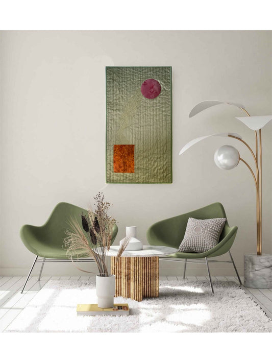 Silk Walk art quilt hanging on a modern interior wall