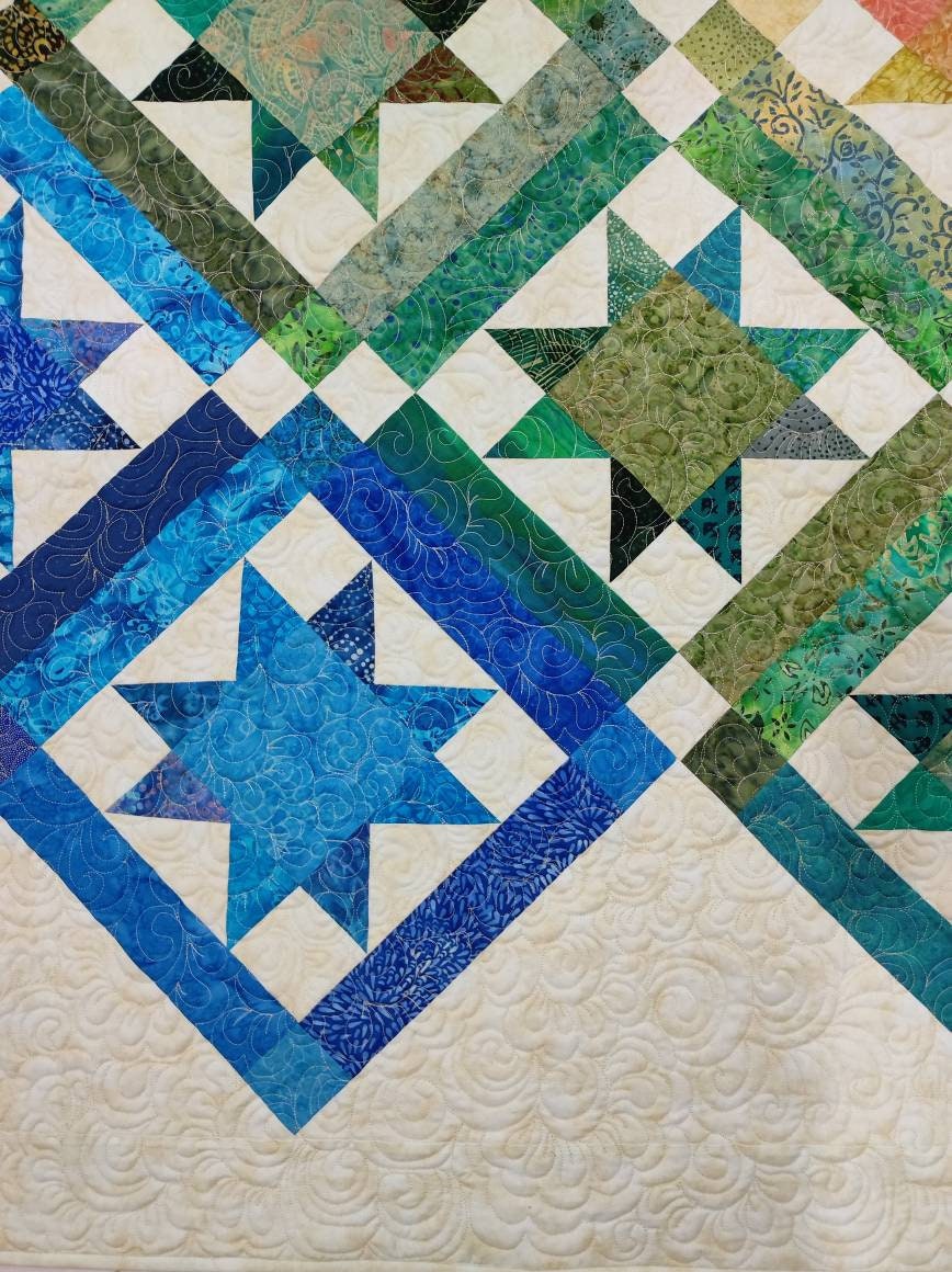 Blue and green blocks on colourful twin size quilt
