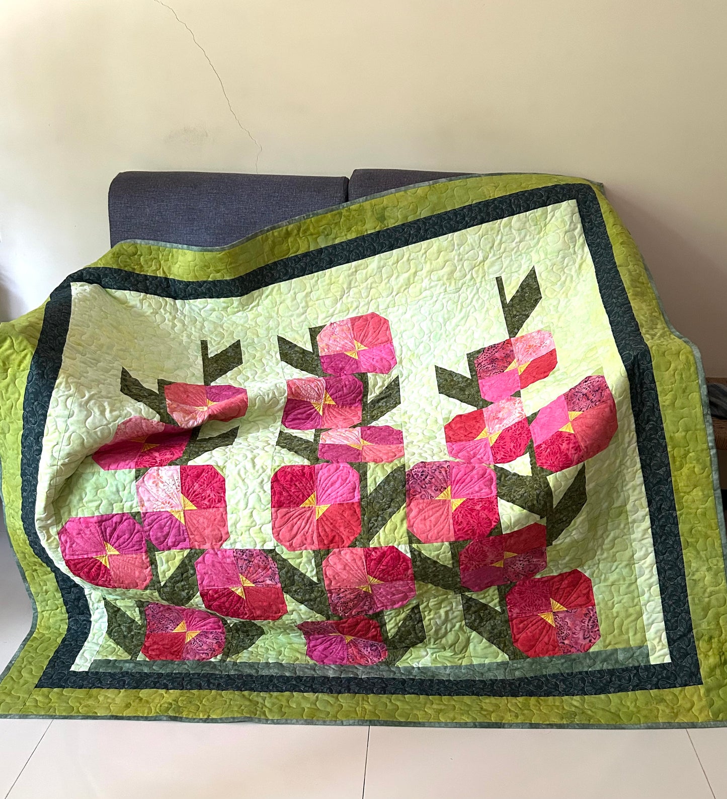 Hollyhocks Throw Quilt, 60 Inch Square Floral Quilt, Handmade Batik Quilt, Quilted Throw Blanket