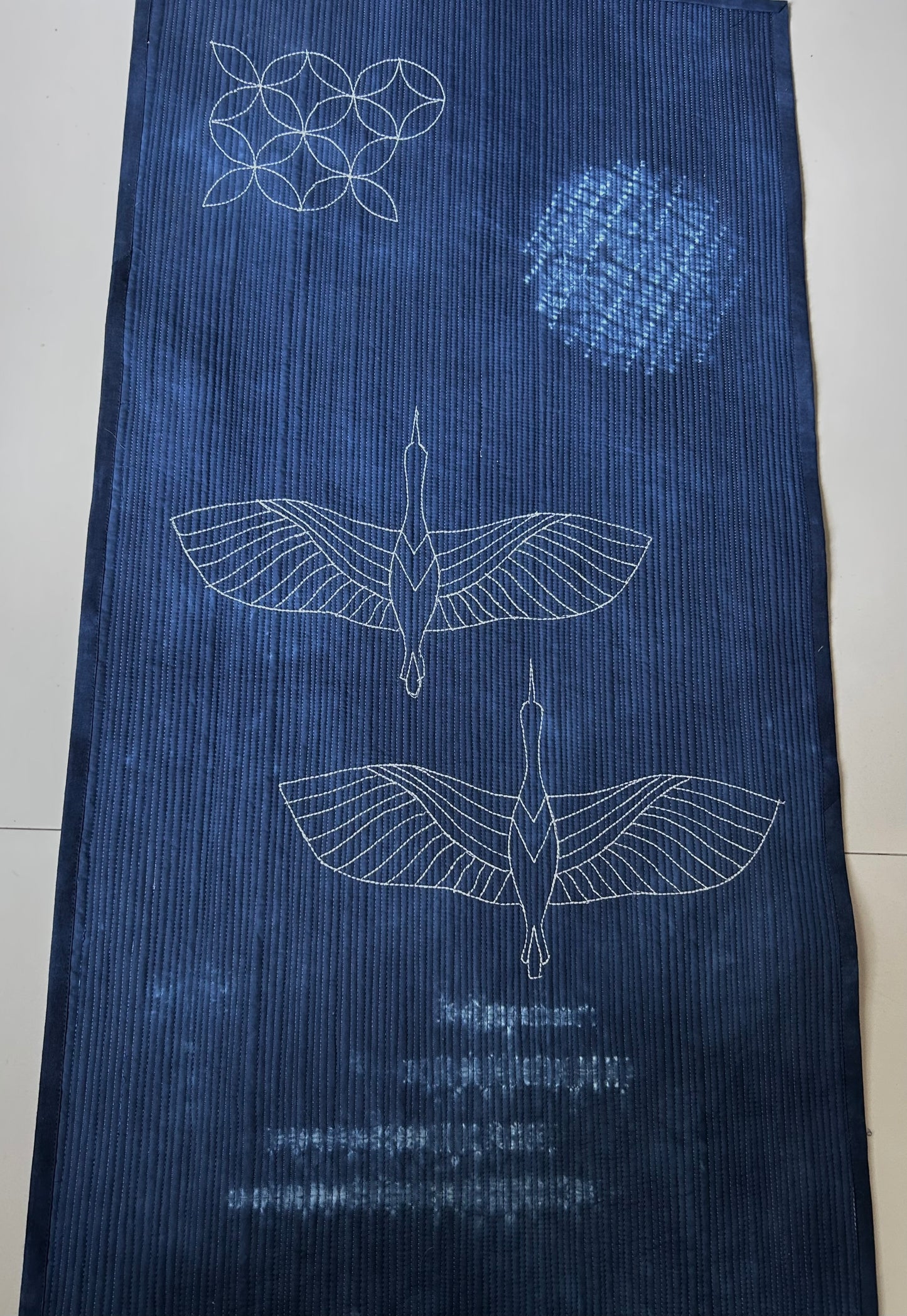 Cranes in Moonlight Wall Art Quilt | Japandi Indigo Shibori Textile Art Sale