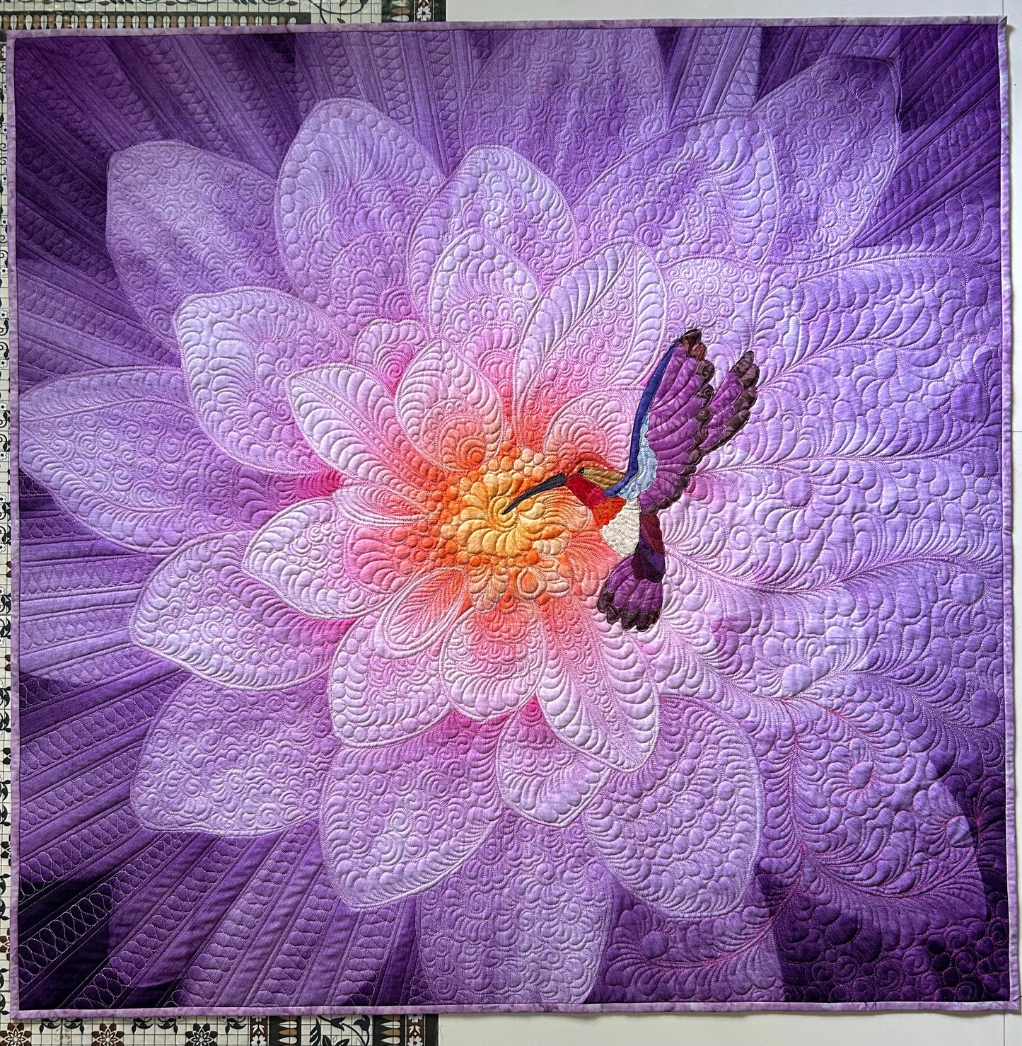 Purple dream big flower wall art quilt, hummingbird wall hanging, floral textile art, purple room decor