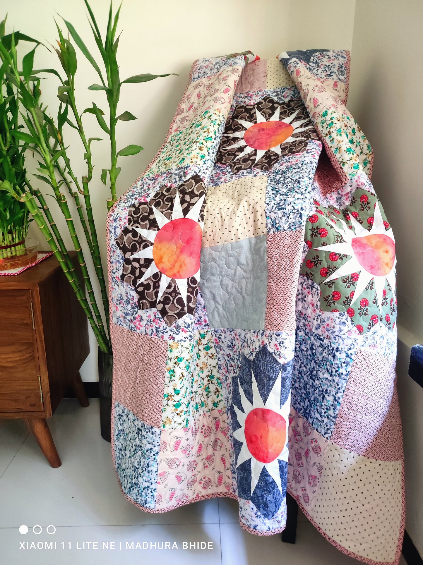 Vibrant scrappy throw quilt 