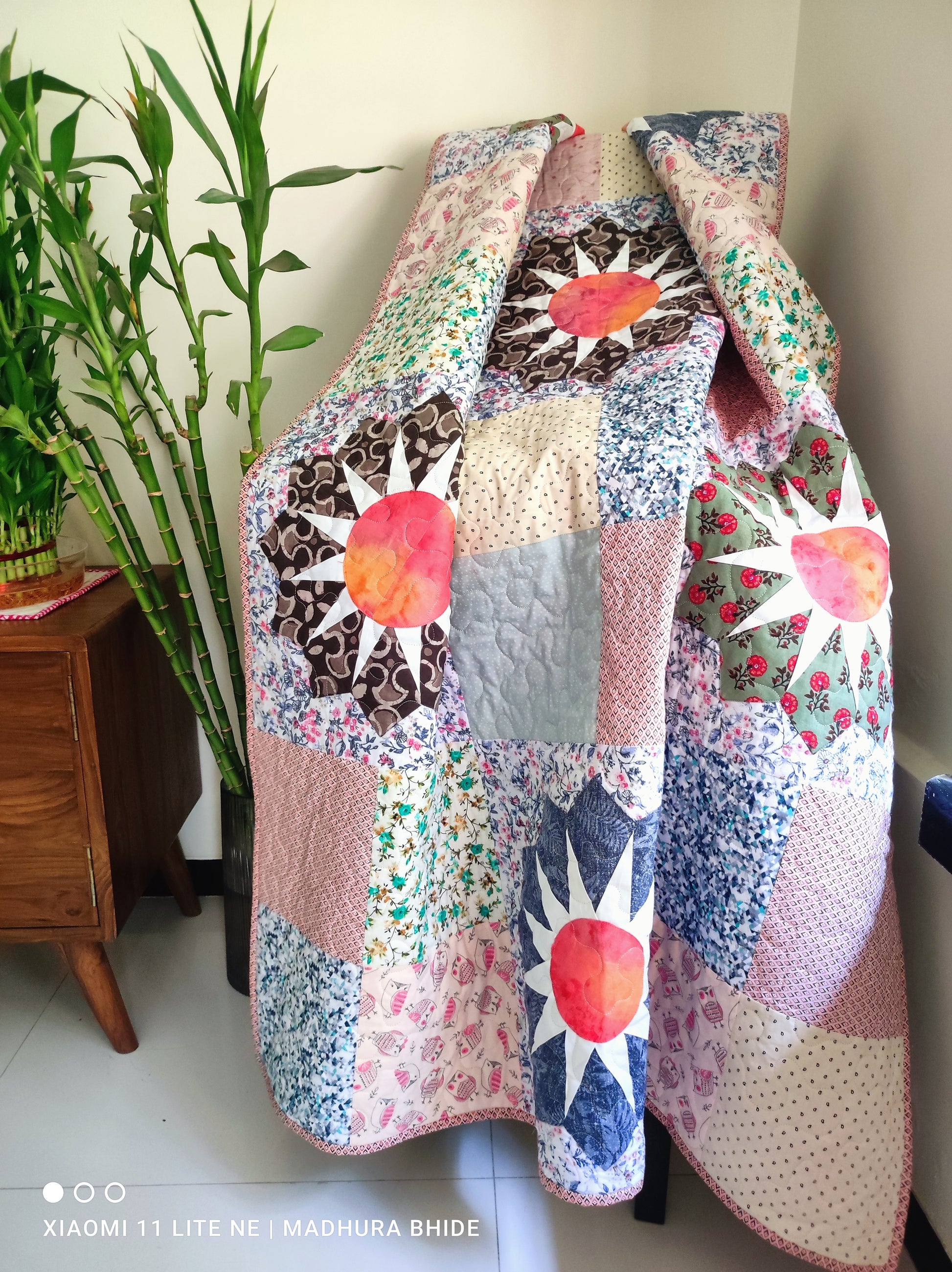Vibrant scrappy throw quilt 