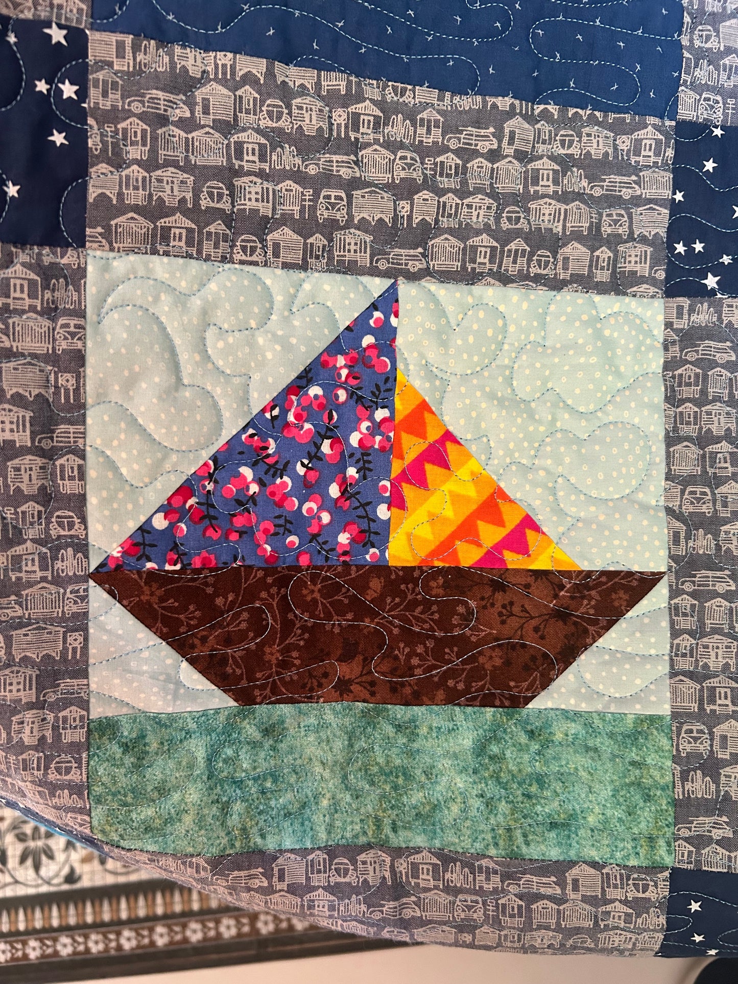 Nautical Baby Quilt – Handmade Ocean & Star Crib Quilt with Sailboat Design