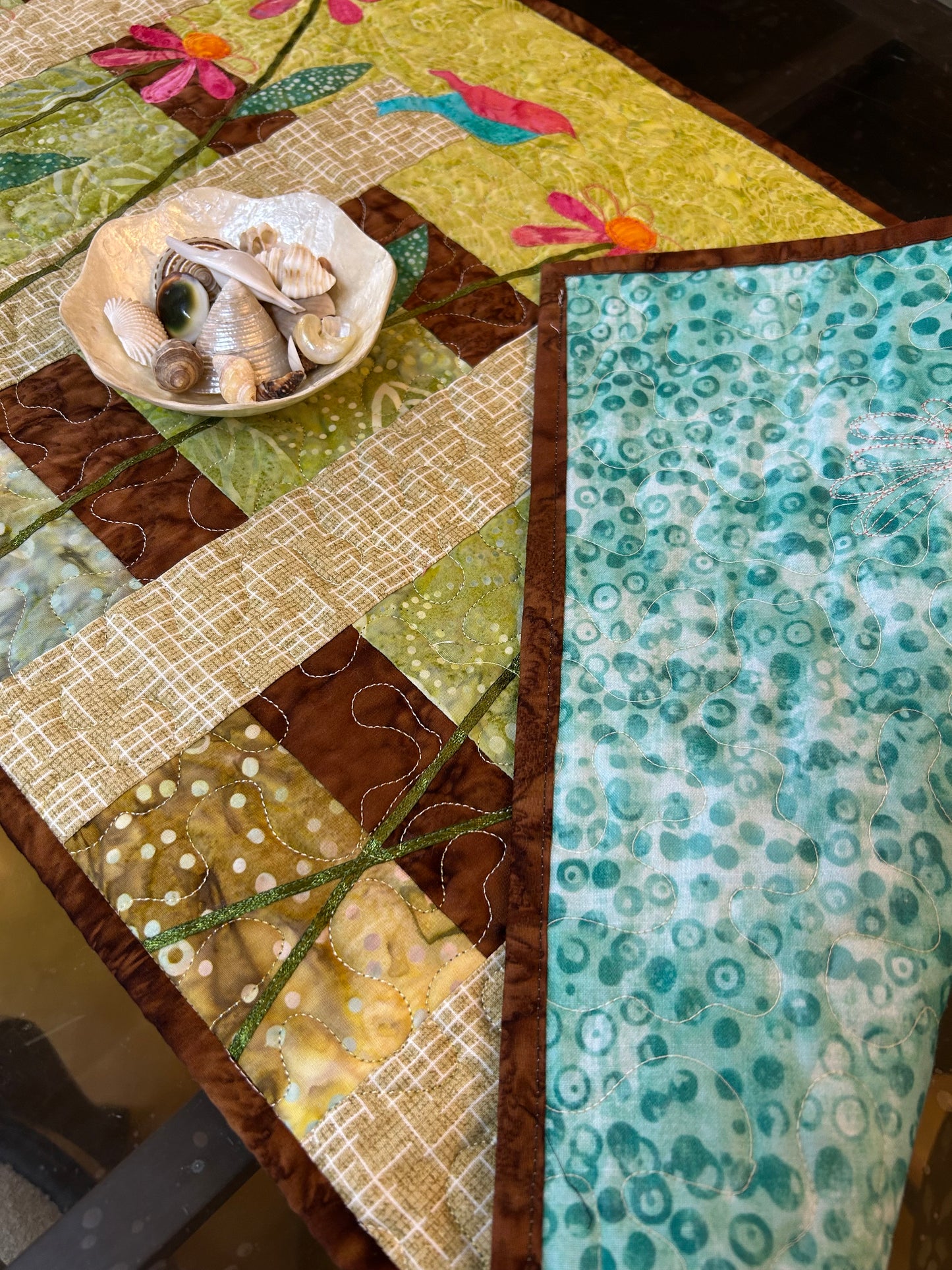 Handmade green quilted table runner