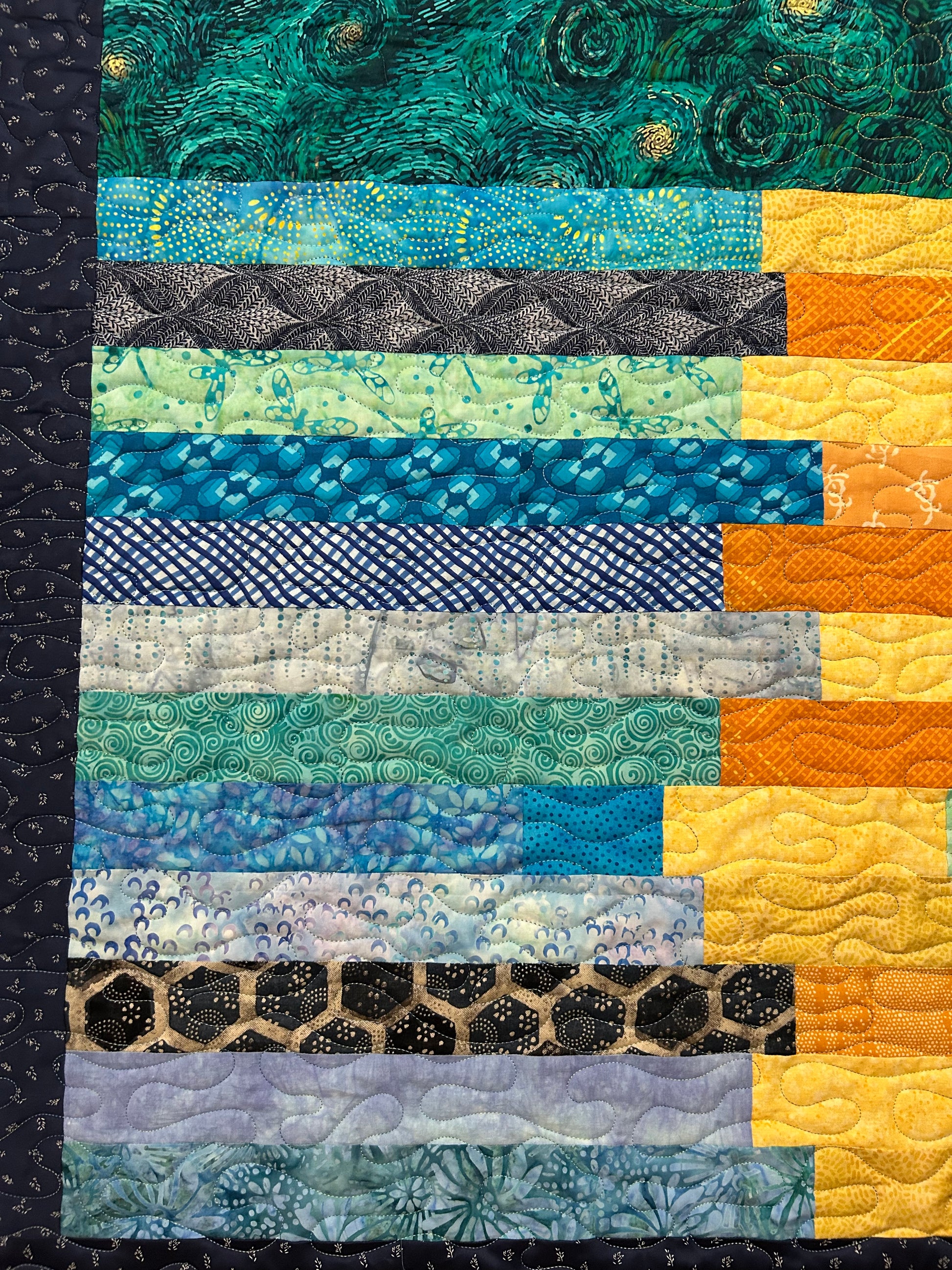 Close up of patchwork and quilting on quilted throw