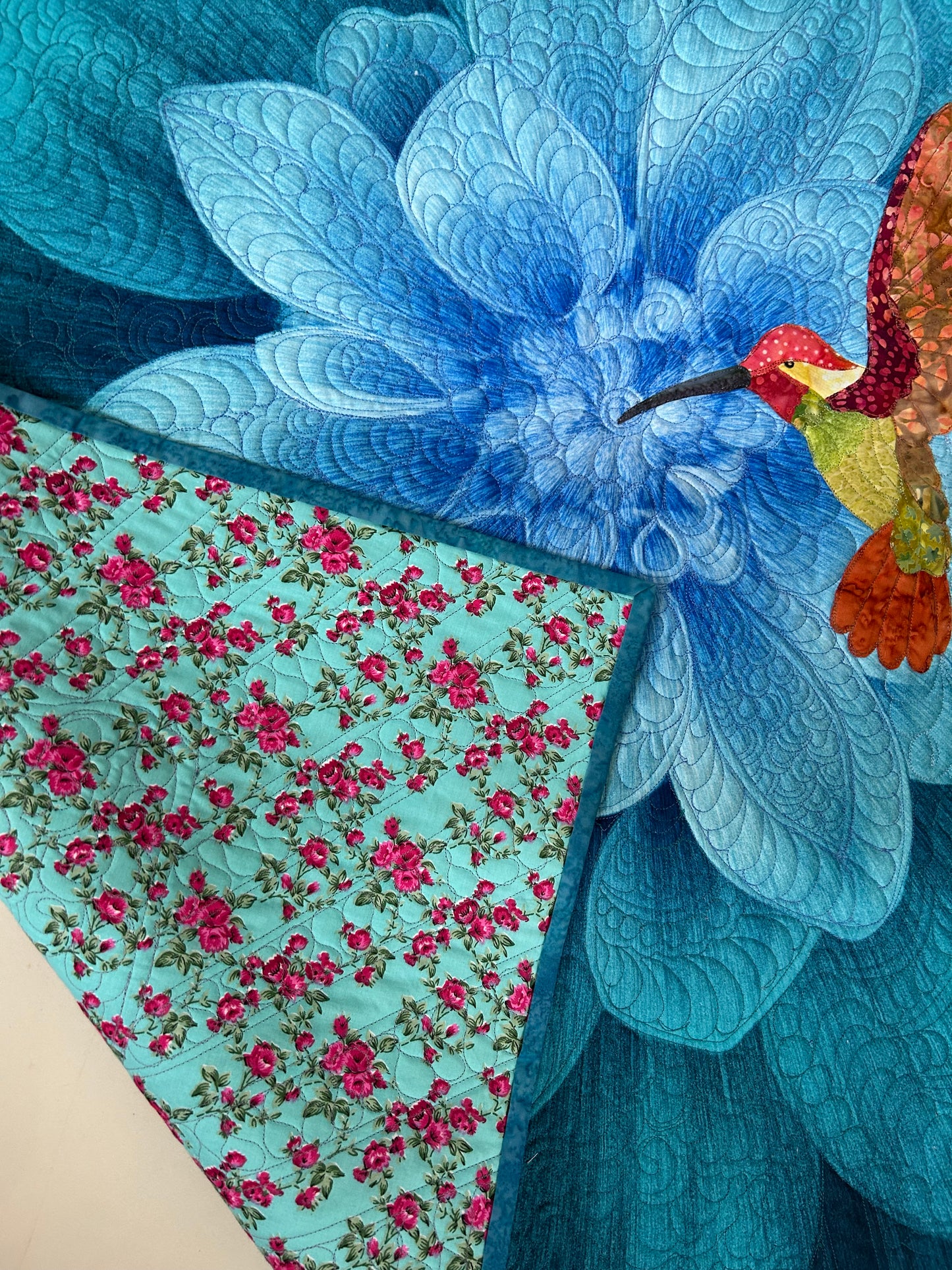 Dahlia flower wall art quilt - Hummingbird Art - Blue floral tapestry