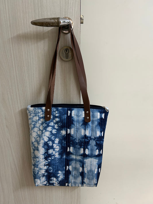 Hand-Dyed Indigo Quilted Tote Bag – Patchwork Purse with Leather Straps & Zipper | Handmade Textile Bag | One-of-a-Kind Gift