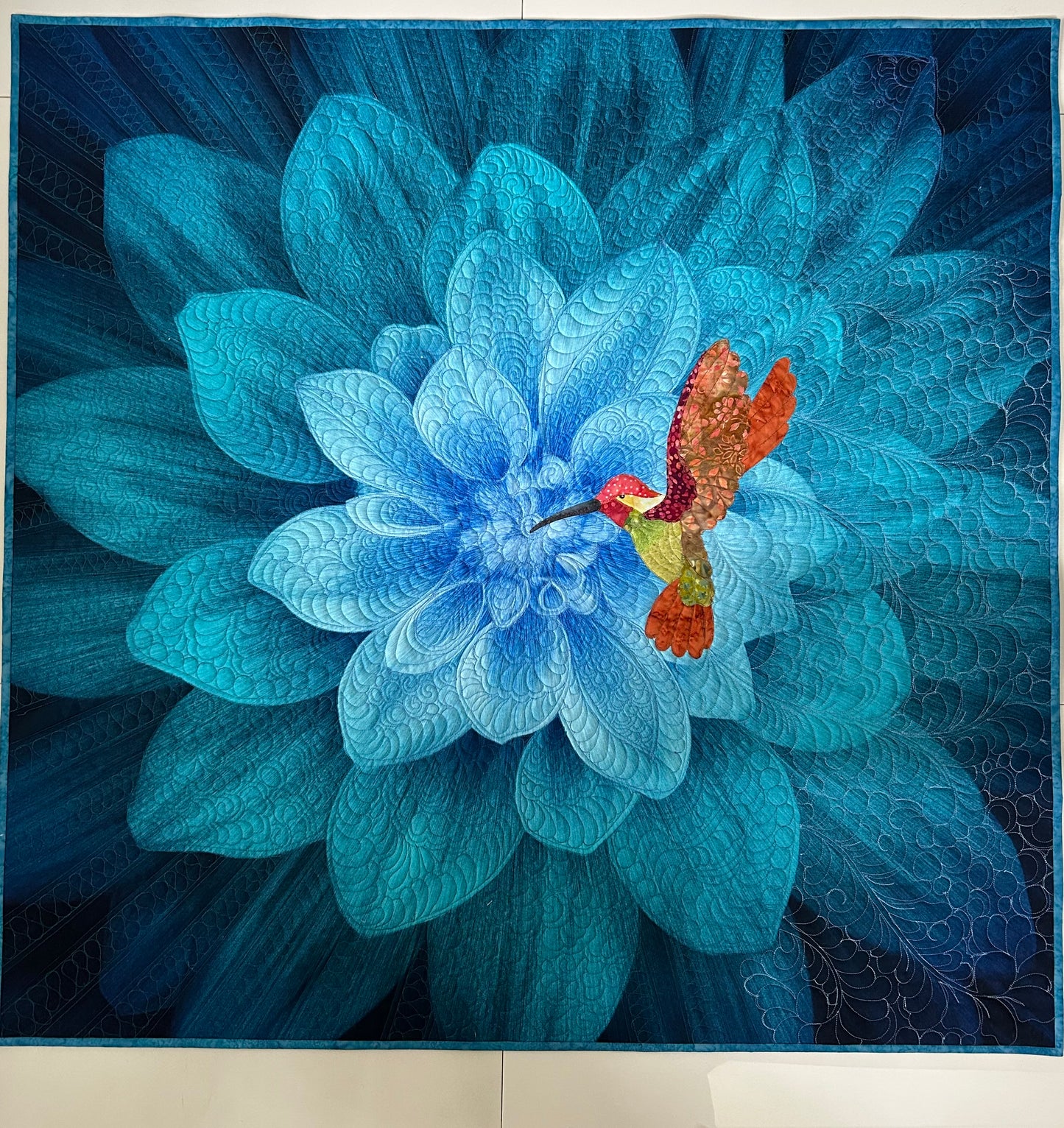 Dahlia flower wall art quilt - Hummingbird Art - Blue floral tapestry