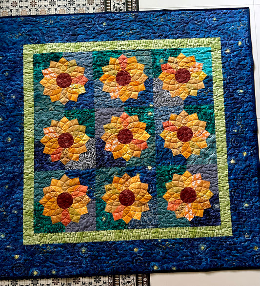 Van Gogh Sunflower Throw Quilt - Blue handmade Patchwork Throw Blanket - Starry Night lap quilt - Dresden plate Quilt sale