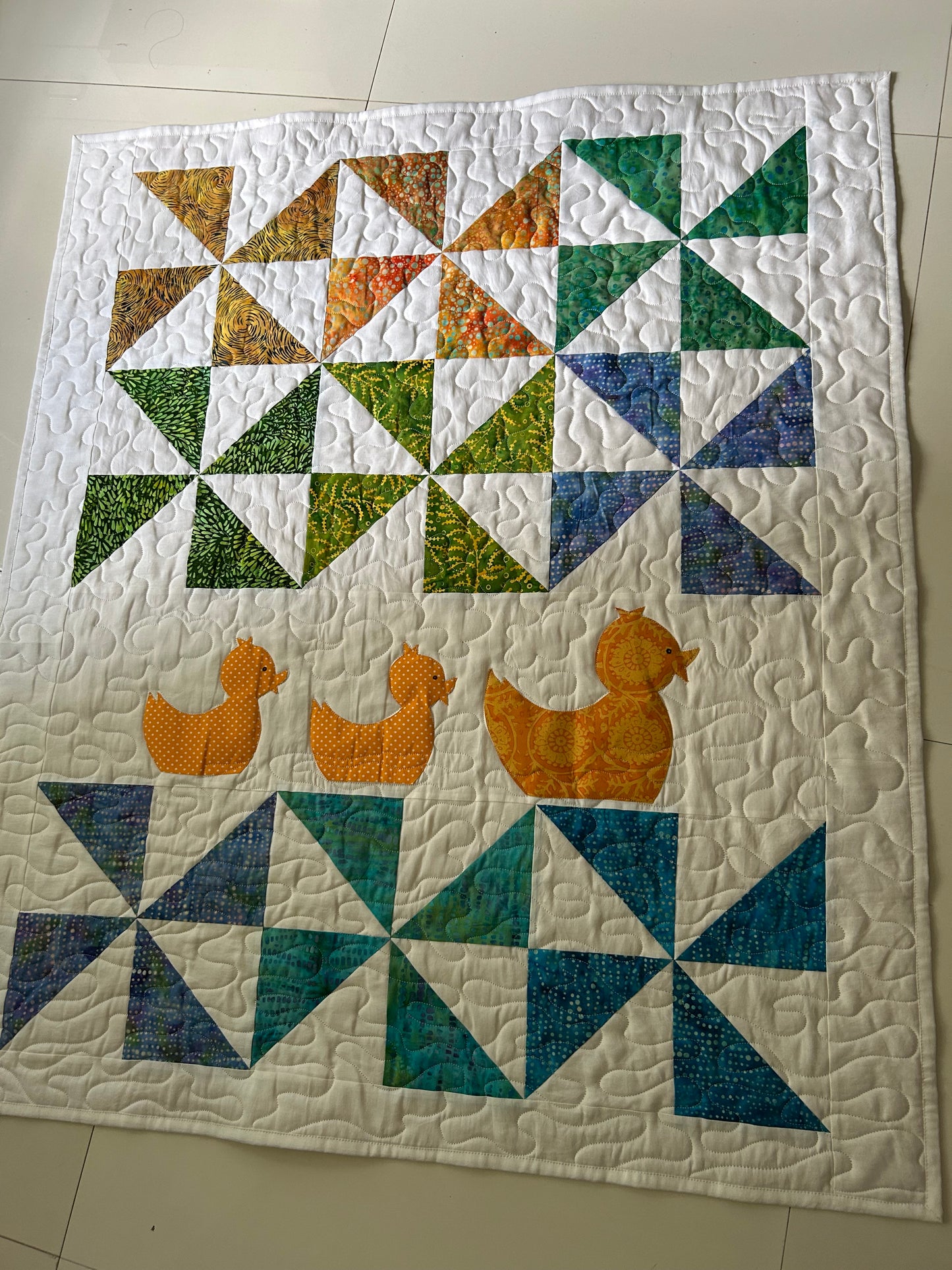 Duck Pinwheel Baby Quilt – Handmade Applique Baby Blanket for Nursery Decor | 36 x 42