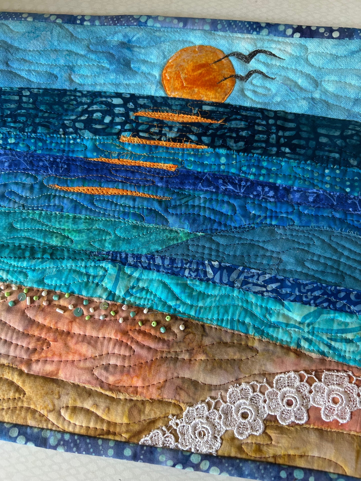 seascape, sunset fiber art, oceanic art, farmable wall decor, ocean dreams, beach house decor, beach fiber art, art quilt sale, artsy gift