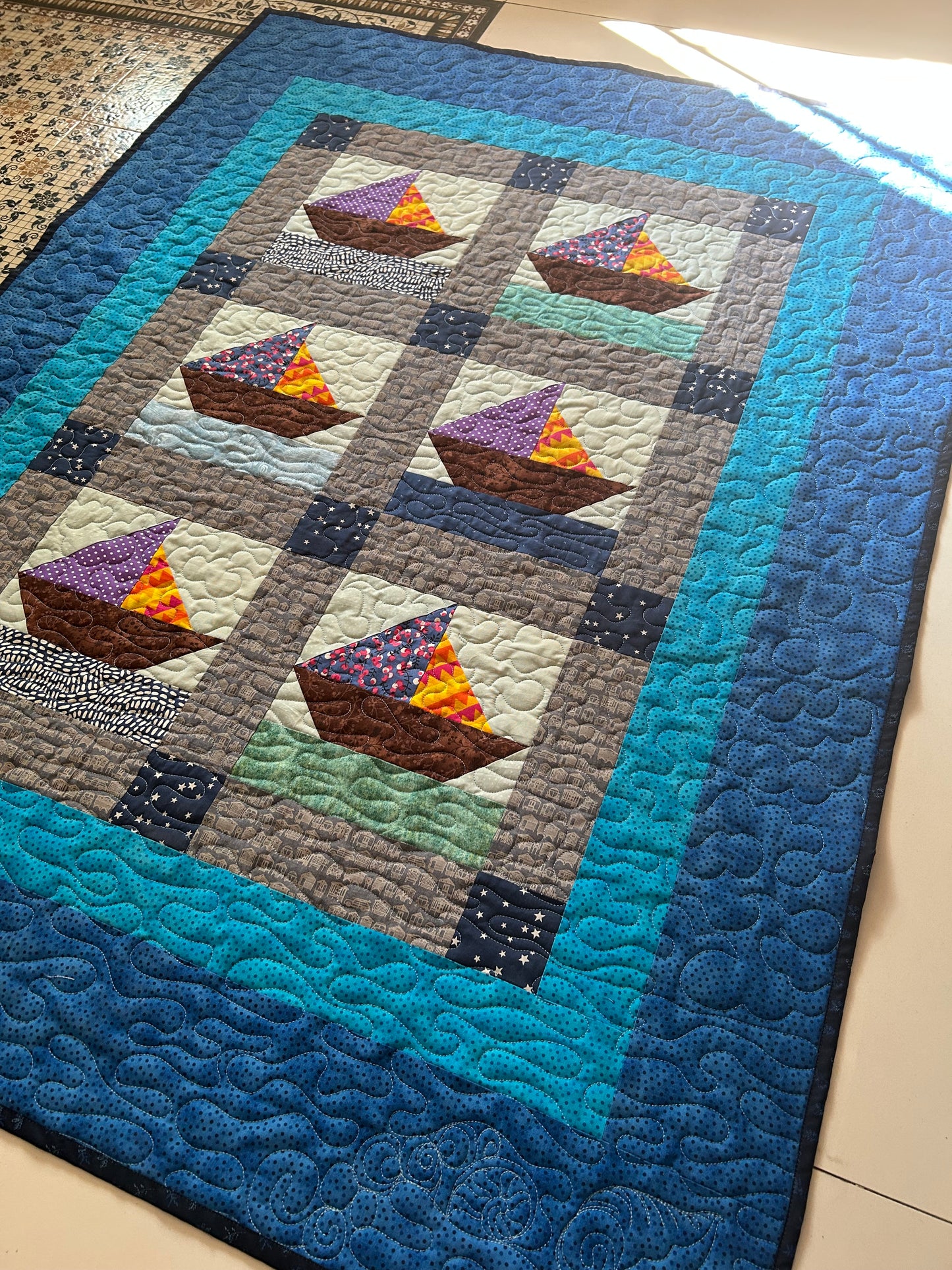 Nautical Baby Quilt – Handmade Ocean & Star Crib Quilt with Sailboat Design