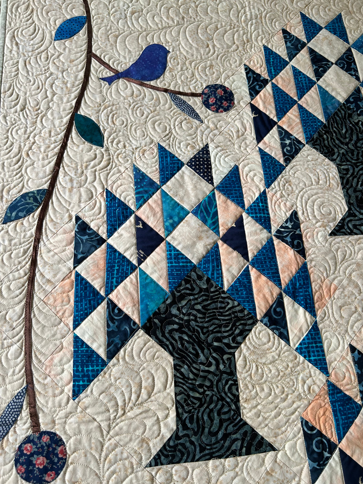 Tree of Life Quilted Wall Hanging – Blue & White Bird and Tree Art Quilt
