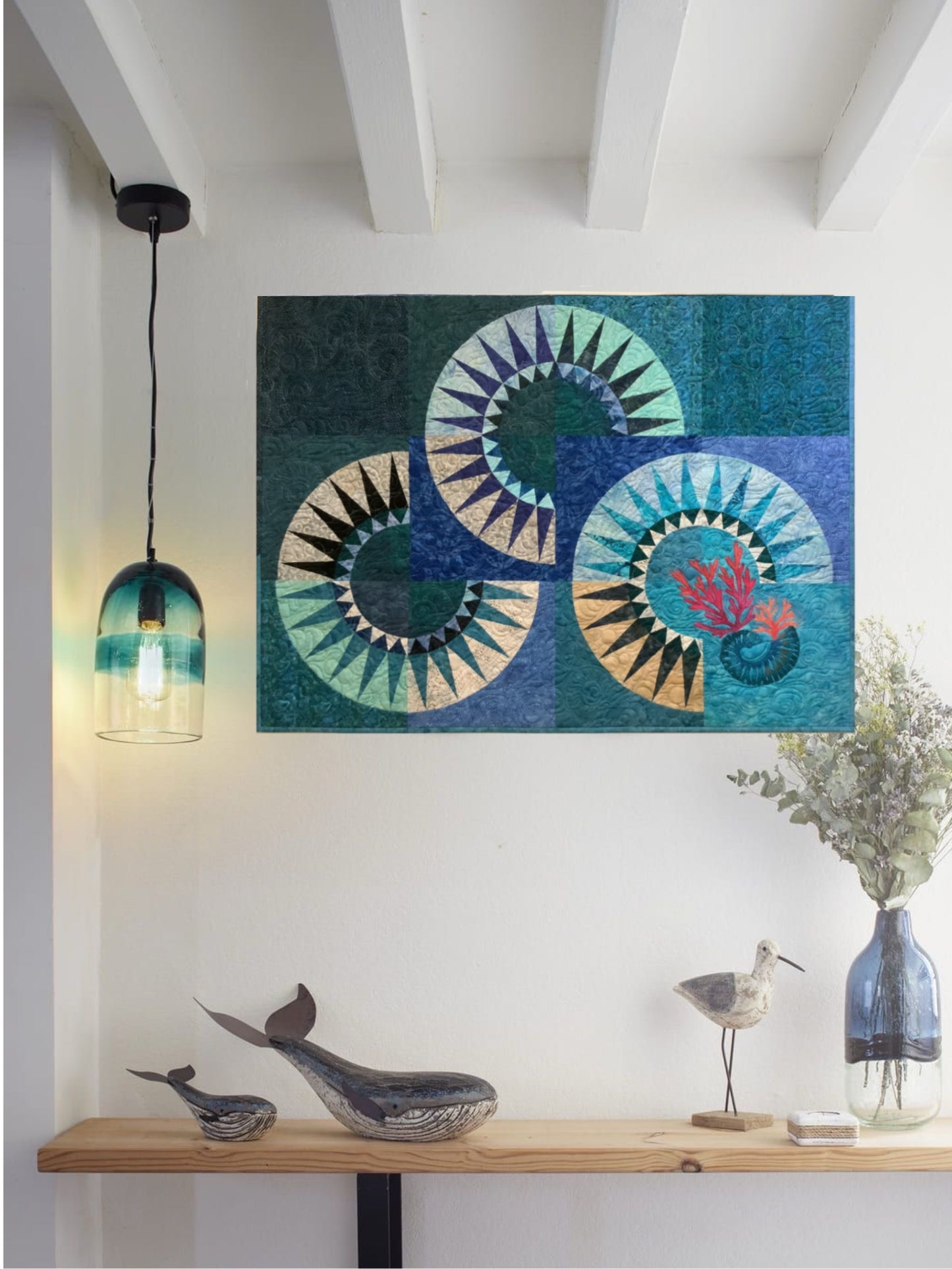 Ocean Waves fiber art quilt on wall in modern decor