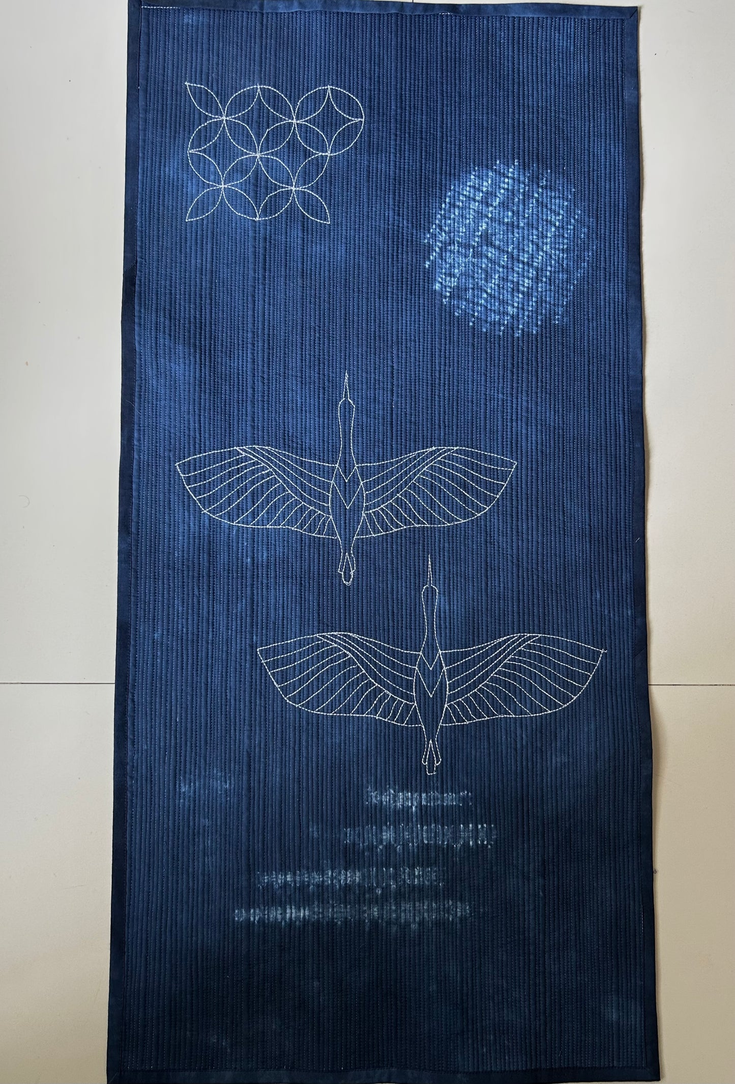 Cranes in Moonlight Wall Art Quilt | Japandi Indigo Shibori Textile Art Sale