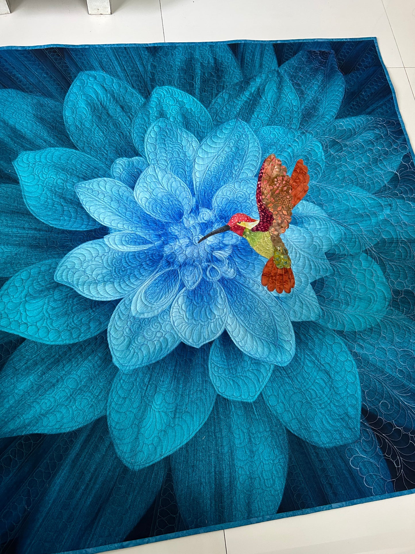Dahlia flower wall art quilt - Hummingbird Art - Blue floral tapestry