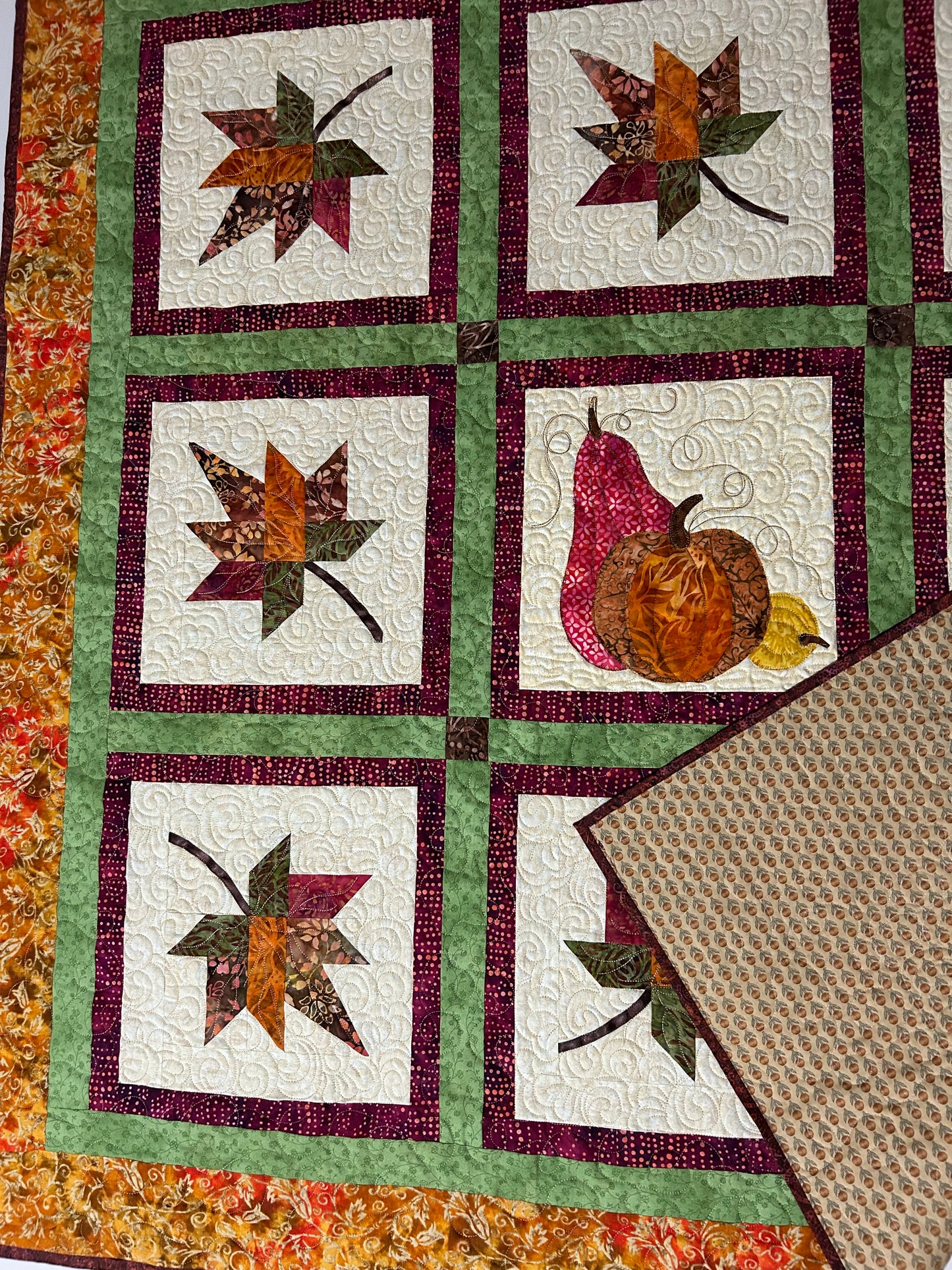 Fall quilt, maple leaf quilt, lap quilt, handmade quilt sale, quilted throw