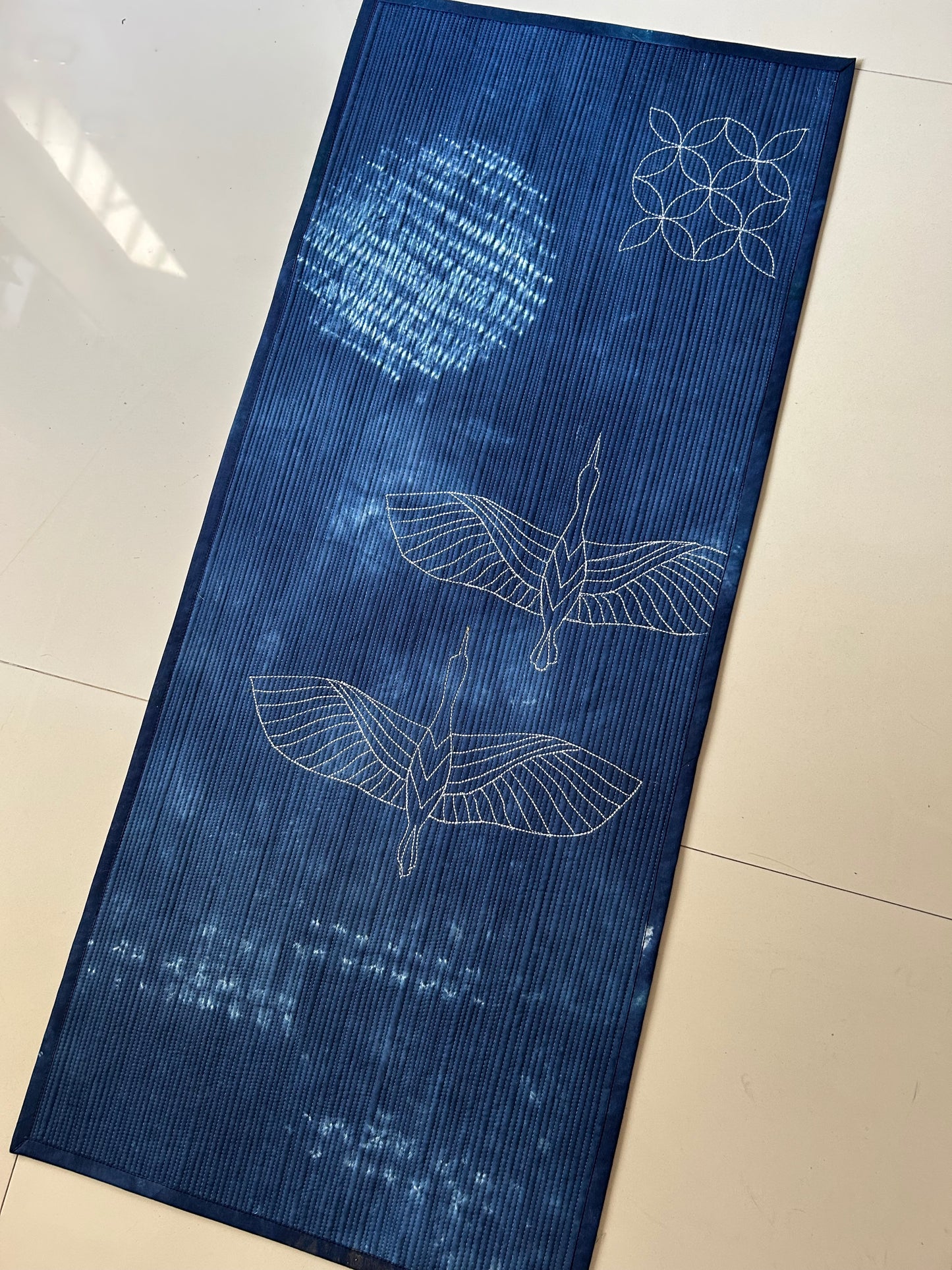 Cranes in Moonlight, Japandi Indigo Wall Art Quilt, Hand Dyed Shibori Textile Art, Modern Quilted Wall Hanging, Sashiko-Inspired art sale