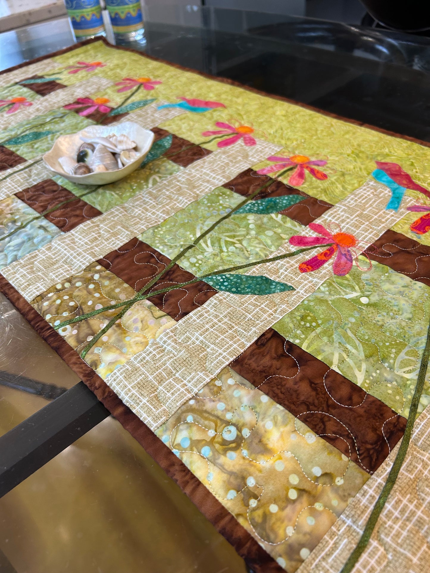 Handmade green quilted table runner