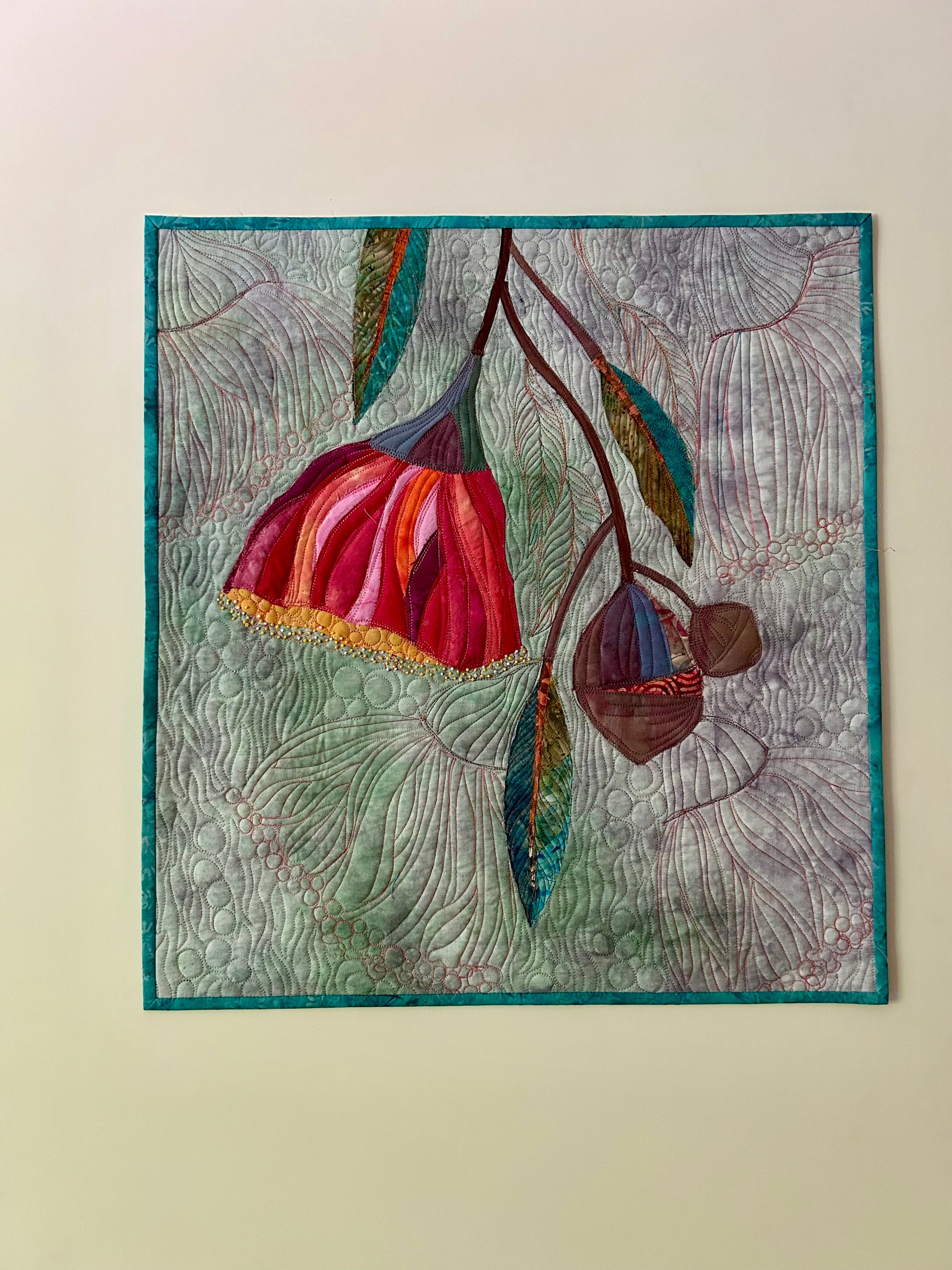 Handmade eucalyptus flower art quilt wall hanging – full view