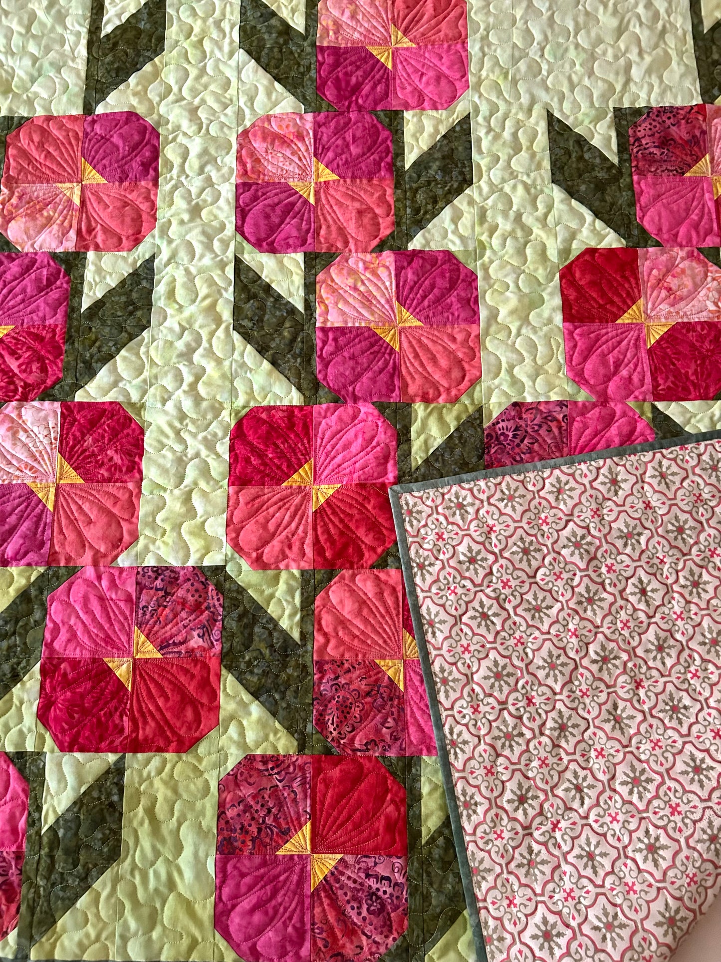 Hollyhocks Throw Quilt, 60 Inch Square Floral Quilt, Handmade Batik Quilt, Quilted Throw Blanket