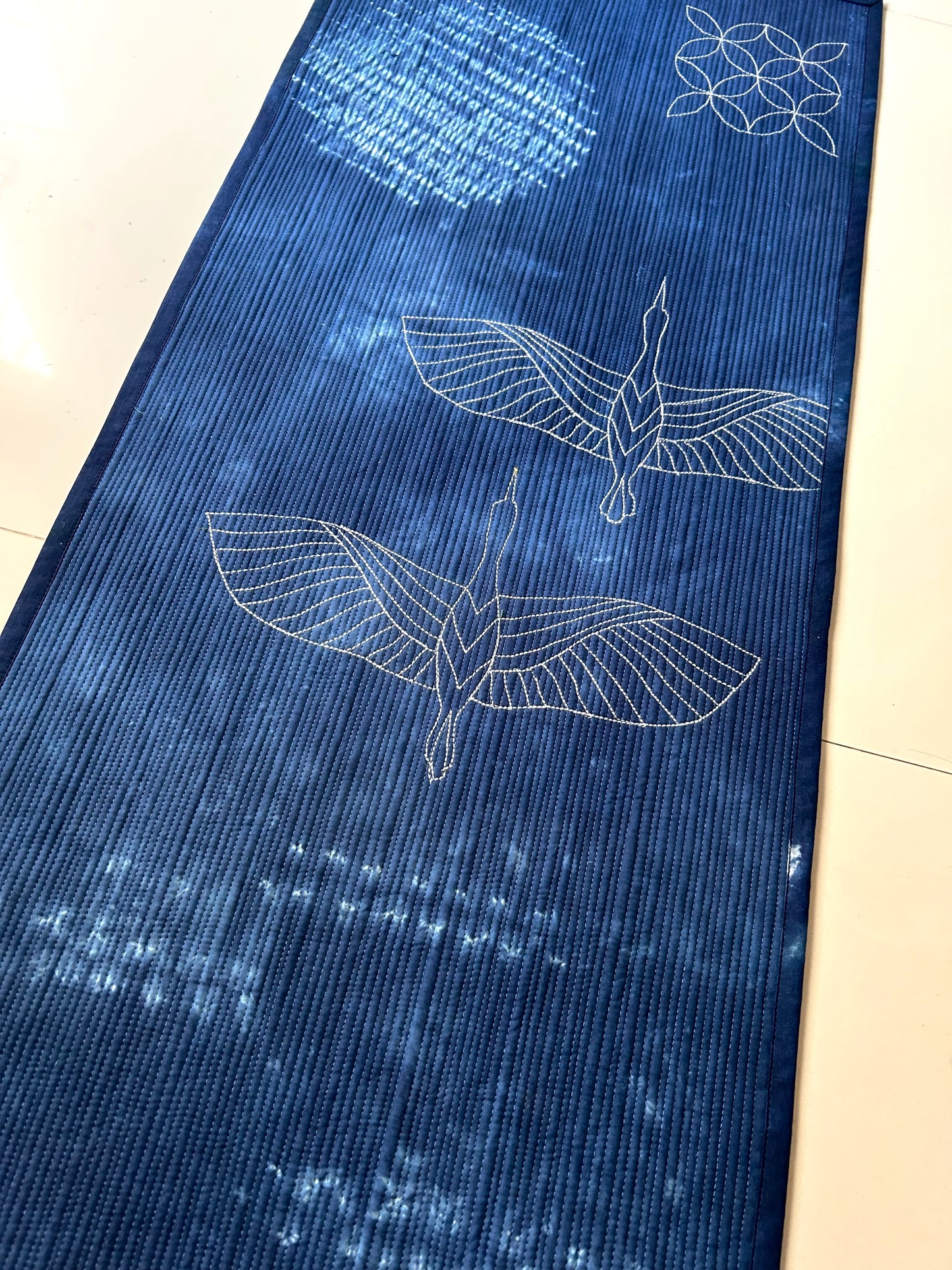 Cranes in Moonlight, Japandi Indigo Wall Art Quilt, Hand Dyed Shibori Textile Art, Modern Quilted Wall Hanging, Sashiko-Inspired art sale