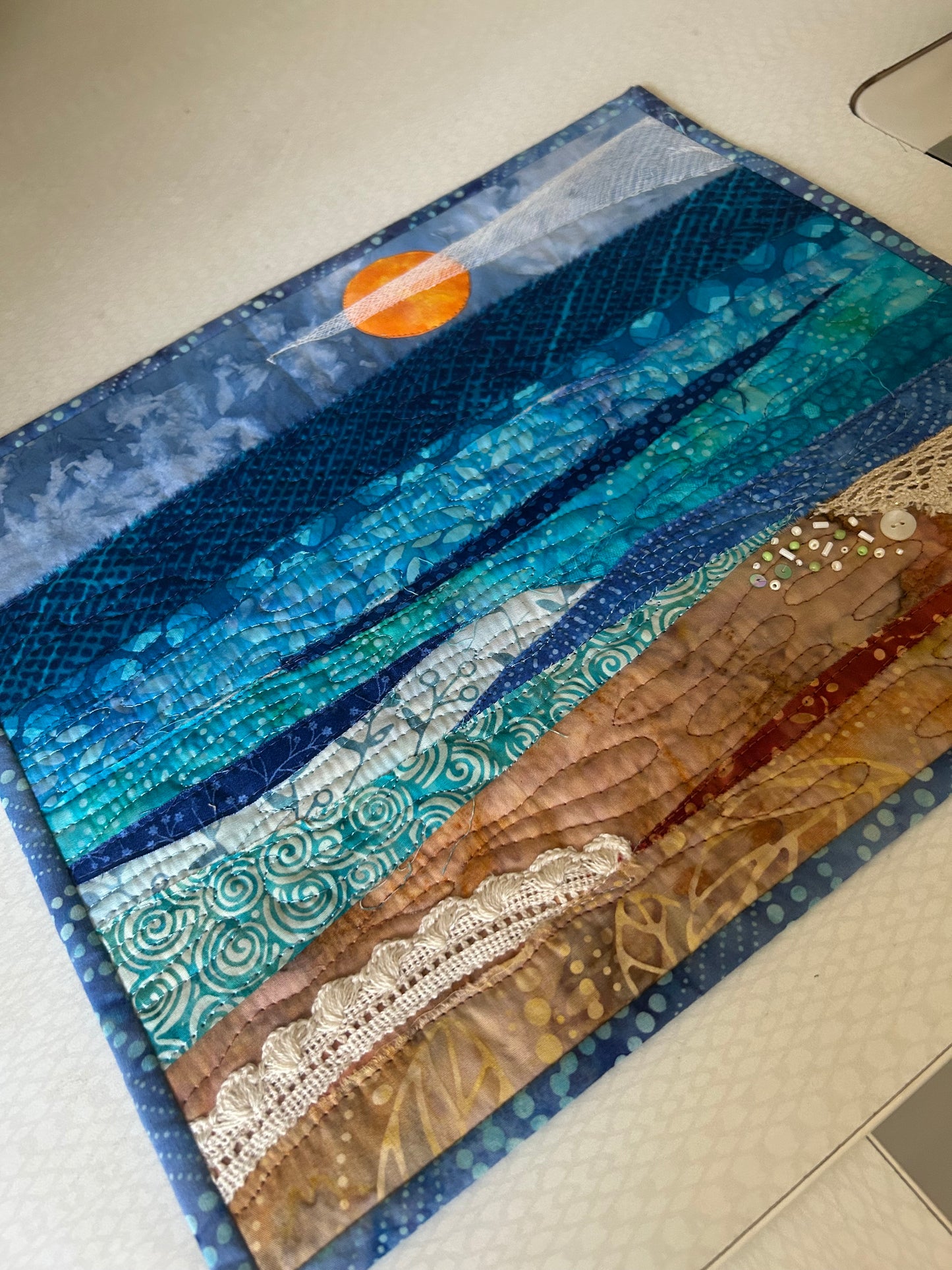 seascape, oceanic art, farmable wall decor, ocean dreams, beach house decor, beach fiber art, desk decor, artsy gift