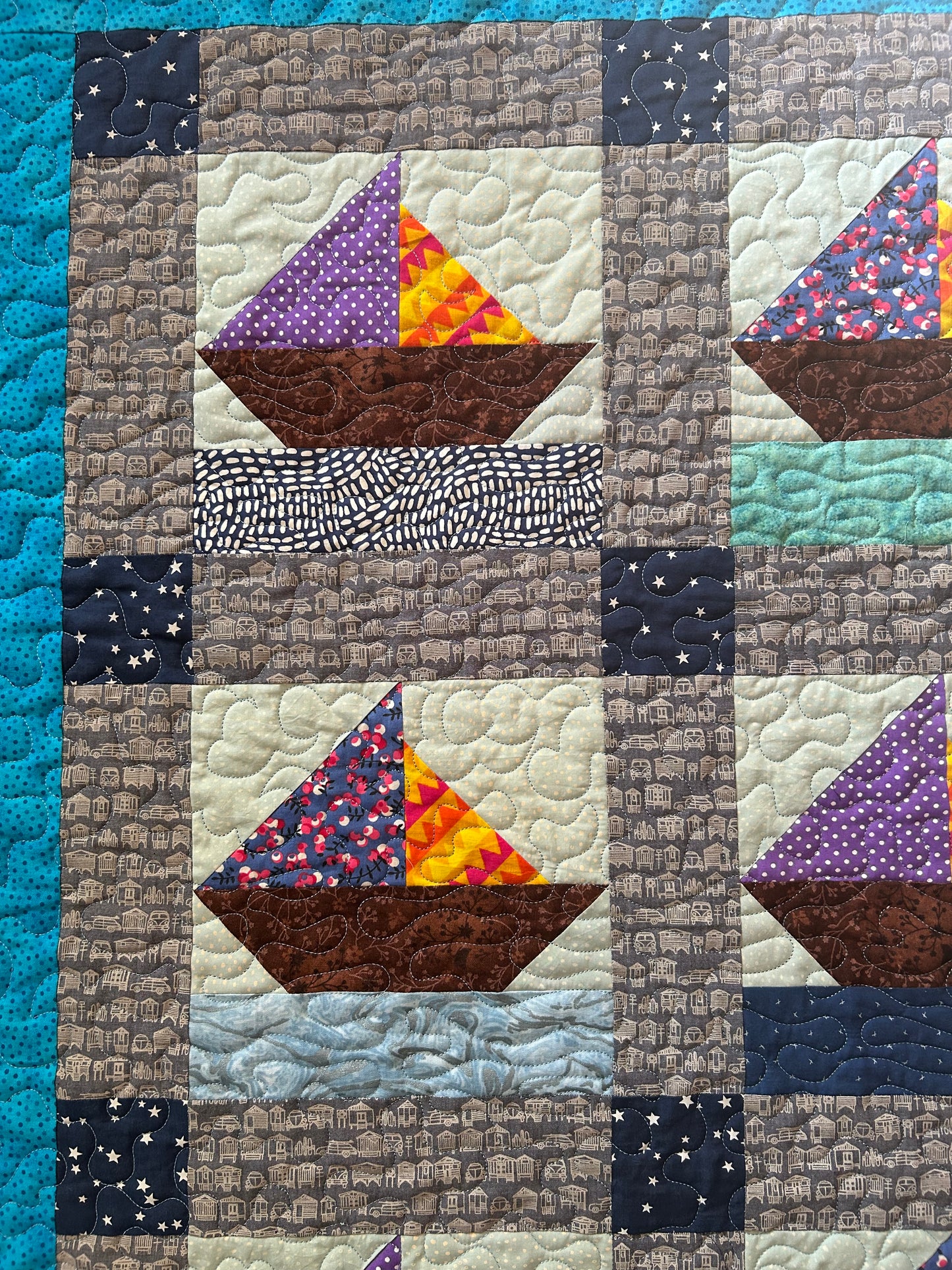 Nautical Baby Quilt – Handmade Ocean & Star Crib Quilt with Sailboat Design