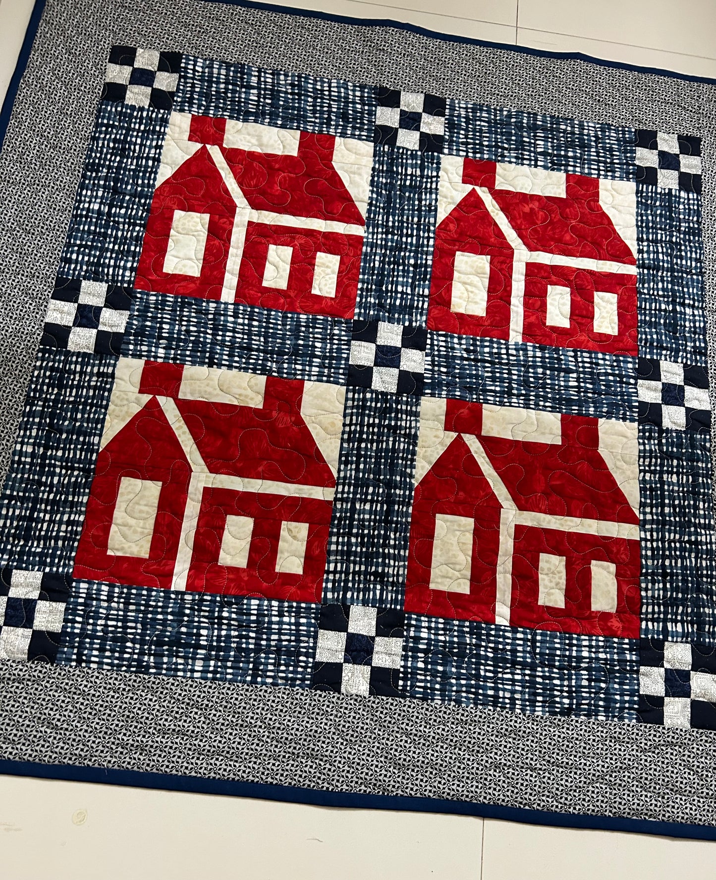 Red & White Schoolhouse Quilt | Wall Hanging or Table Topper | 34” x 34” | Traditional Quilt Block | Handmade Americana Decor
