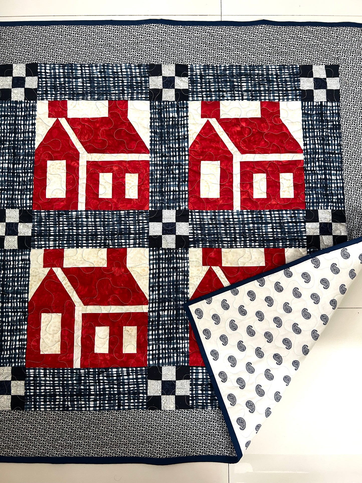 Red & White Schoolhouse Quilt | Wall Hanging or Table Topper | 34” x 34” | Traditional Quilt Block | Handmade Americana Decor