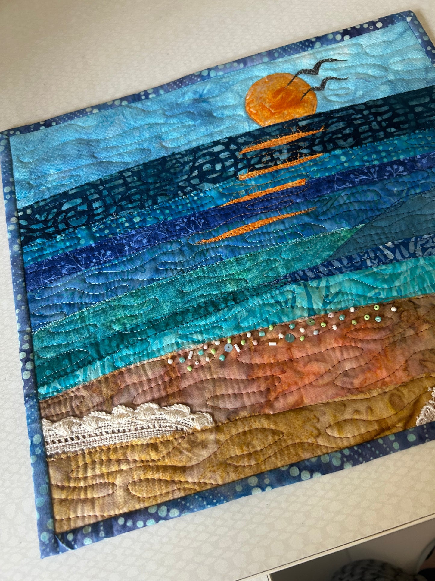 seascape, sunset fiber art, oceanic art, farmable wall decor, ocean dreams, beach house decor, beach fiber art, art quilt sale, artsy gift