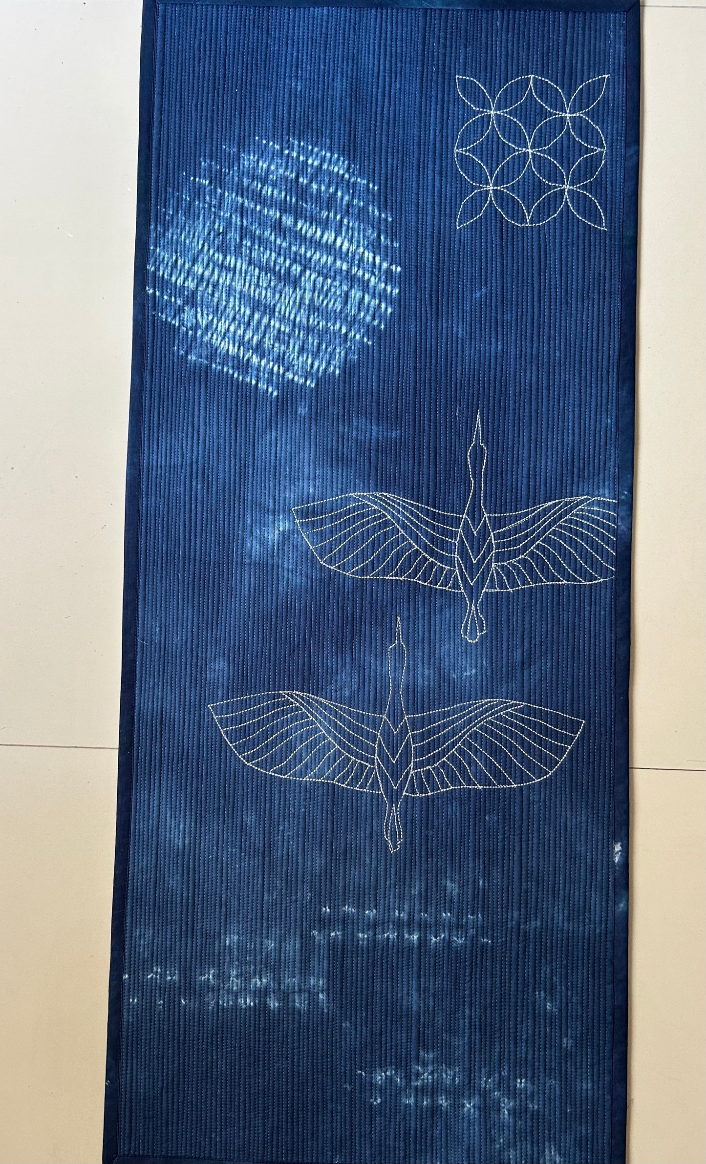 Cranes in Moonlight, Japandi Indigo Wall Art Quilt, Hand Dyed Shibori Textile Art, Modern Quilted Wall Hanging, Sashiko-Inspired art sale