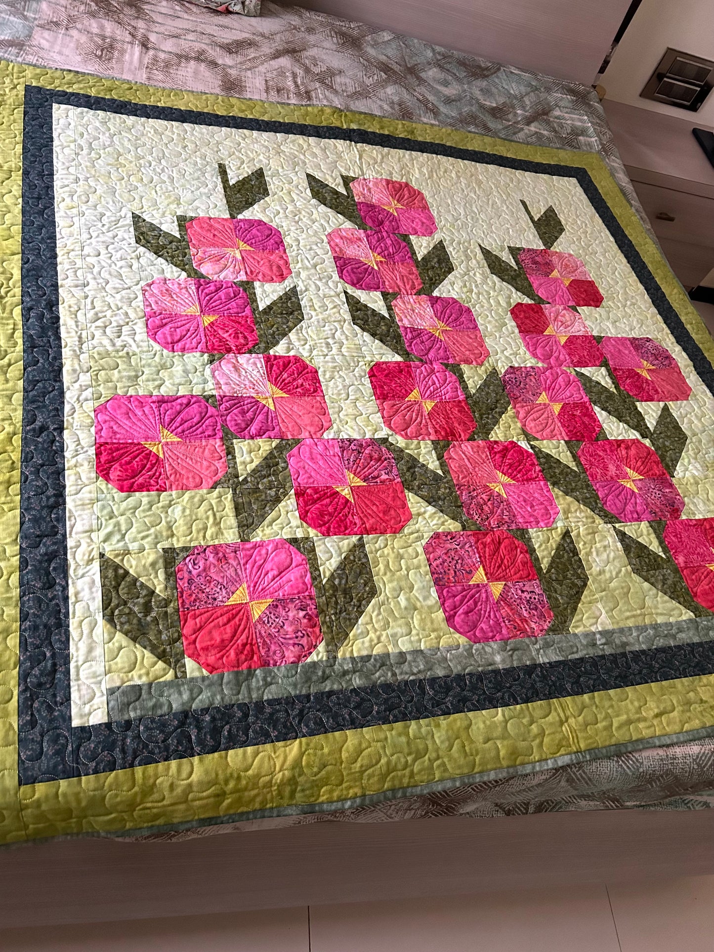 Hollyhocks Flower Throw Quilt, Handmade Batik Quilt, Quilted Throw Blanket