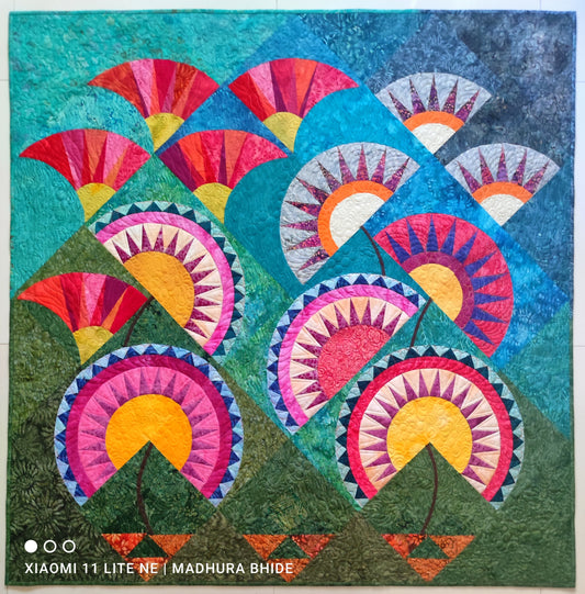 Contemporary textile art in shades of green and blue